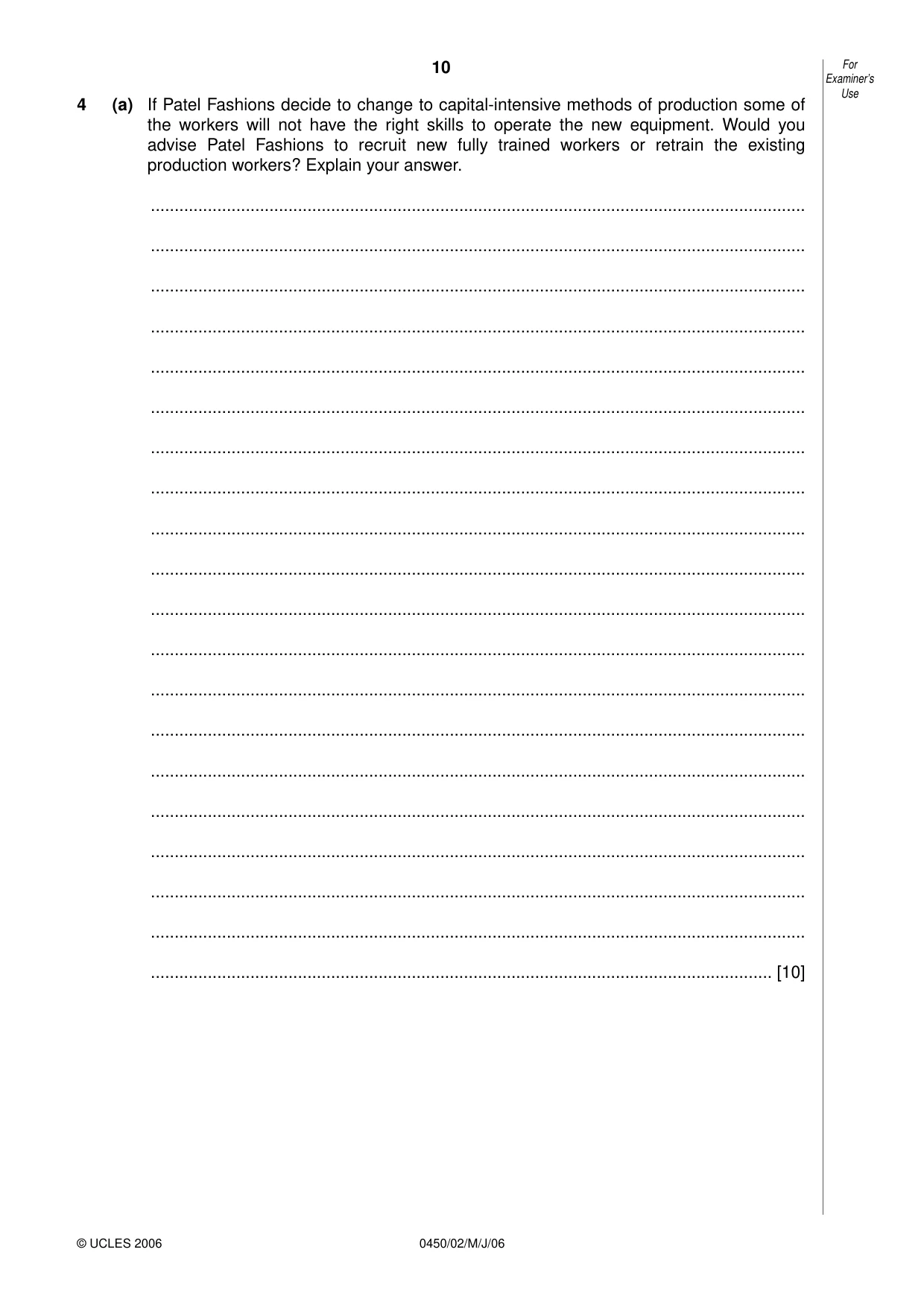 Cambridge IGCSE Business Studies 0450 2006 May/June Paper 2 · Variant 1 question paper, page 10 of 16