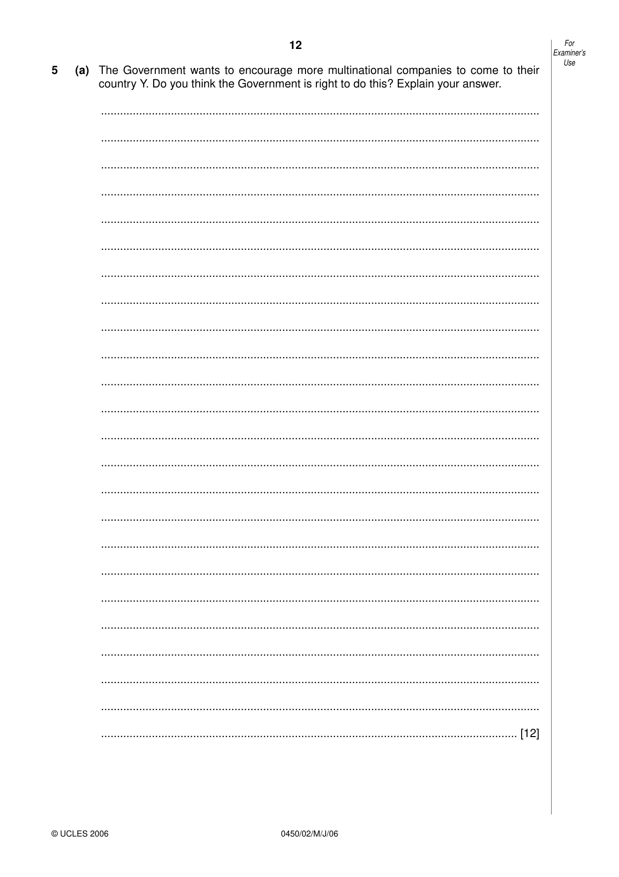 Cambridge IGCSE Business Studies 0450 2006 May/June Paper 2 · Variant 1 question paper, page 12 of 16