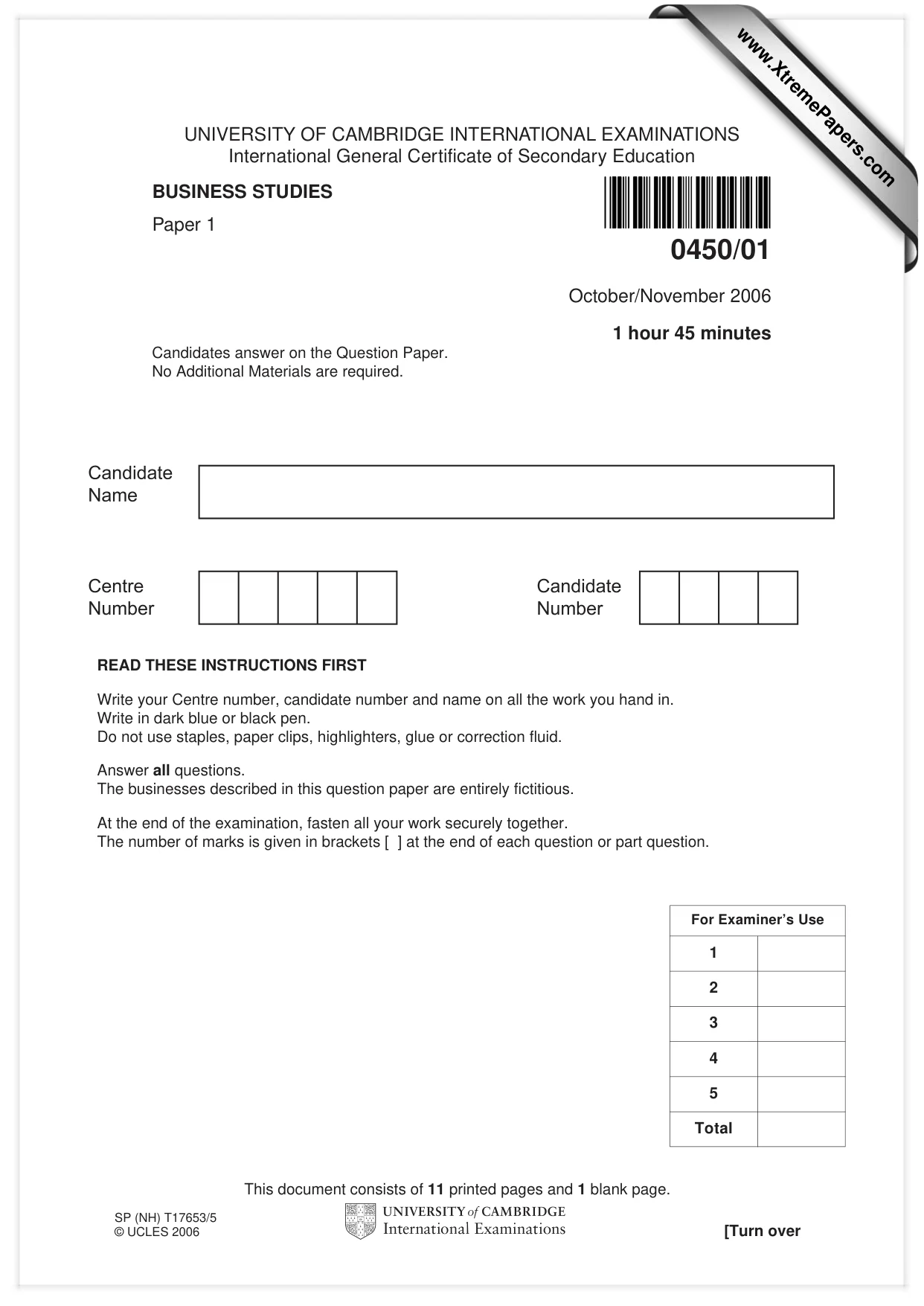 Cambridge IGCSE Business Studies 0450 2006 Oct/Nov Paper 1 · Variant 1 question paper, page 1 of 12