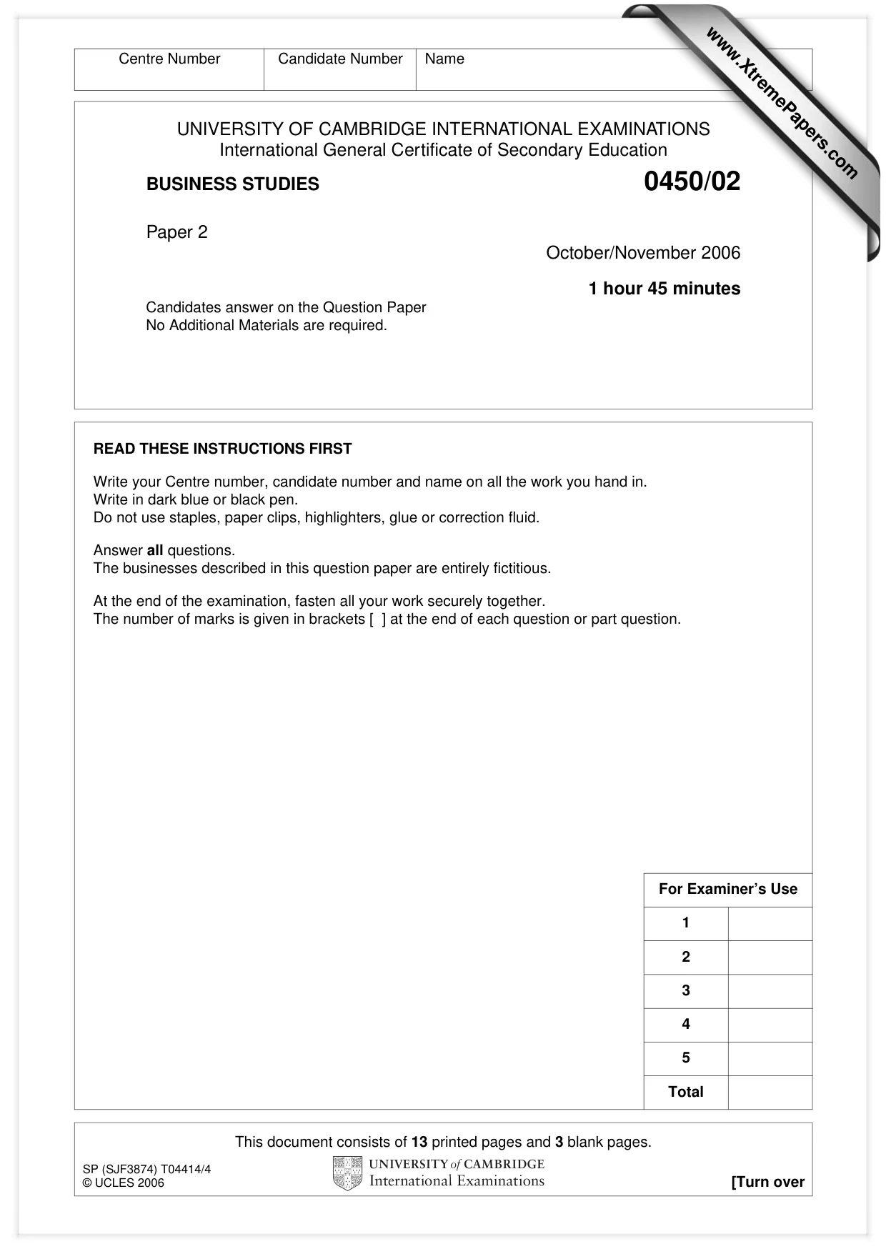 Cambridge IGCSE Business Studies 0450 2006 Oct/Nov Paper 2 · Variant 1 question paper, page 1 of 16