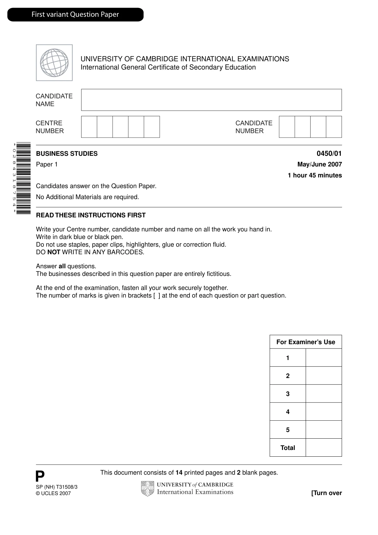 Cambridge IGCSE Business Studies 0450 2007 May/June Paper 1 · Variant 1 question paper, page 2 of 33