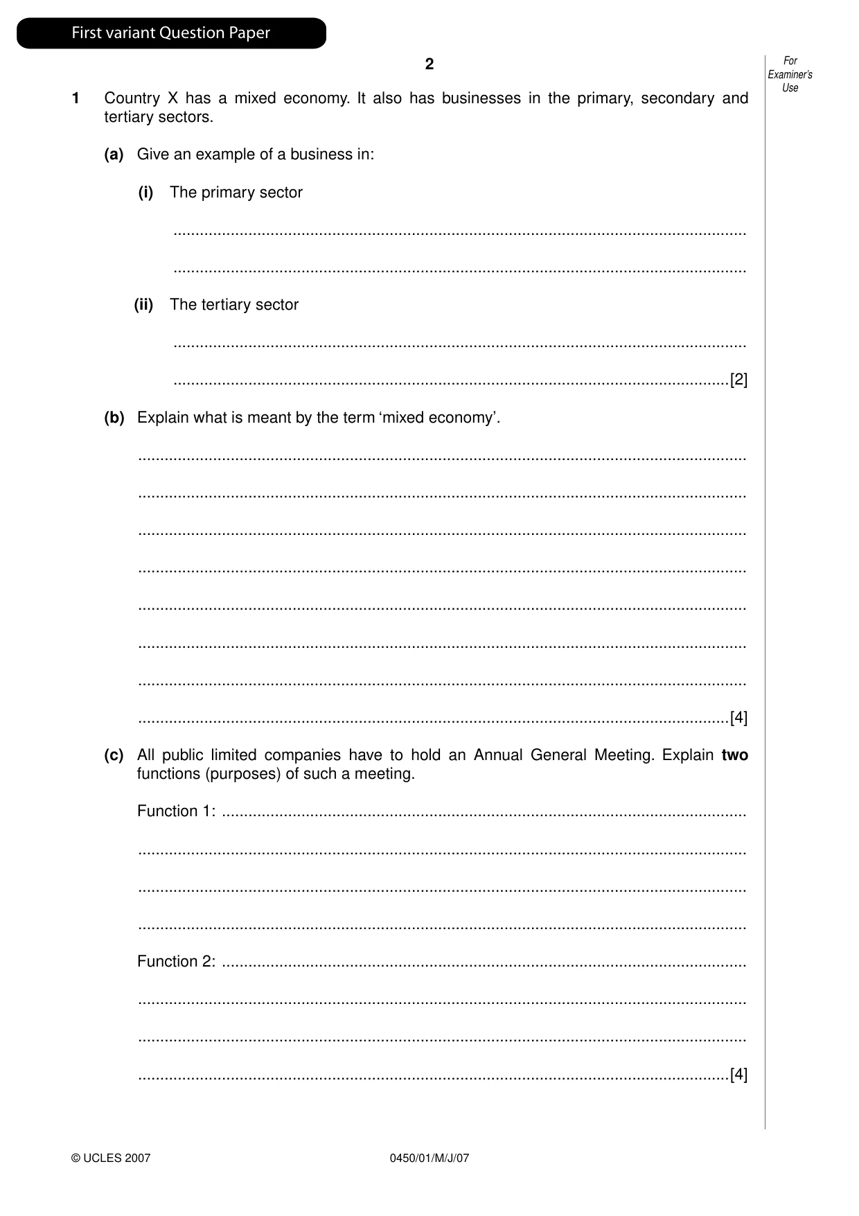 Cambridge IGCSE Business Studies 0450 2007 May/June Paper 1 · Variant 1 question paper, page 3 of 33