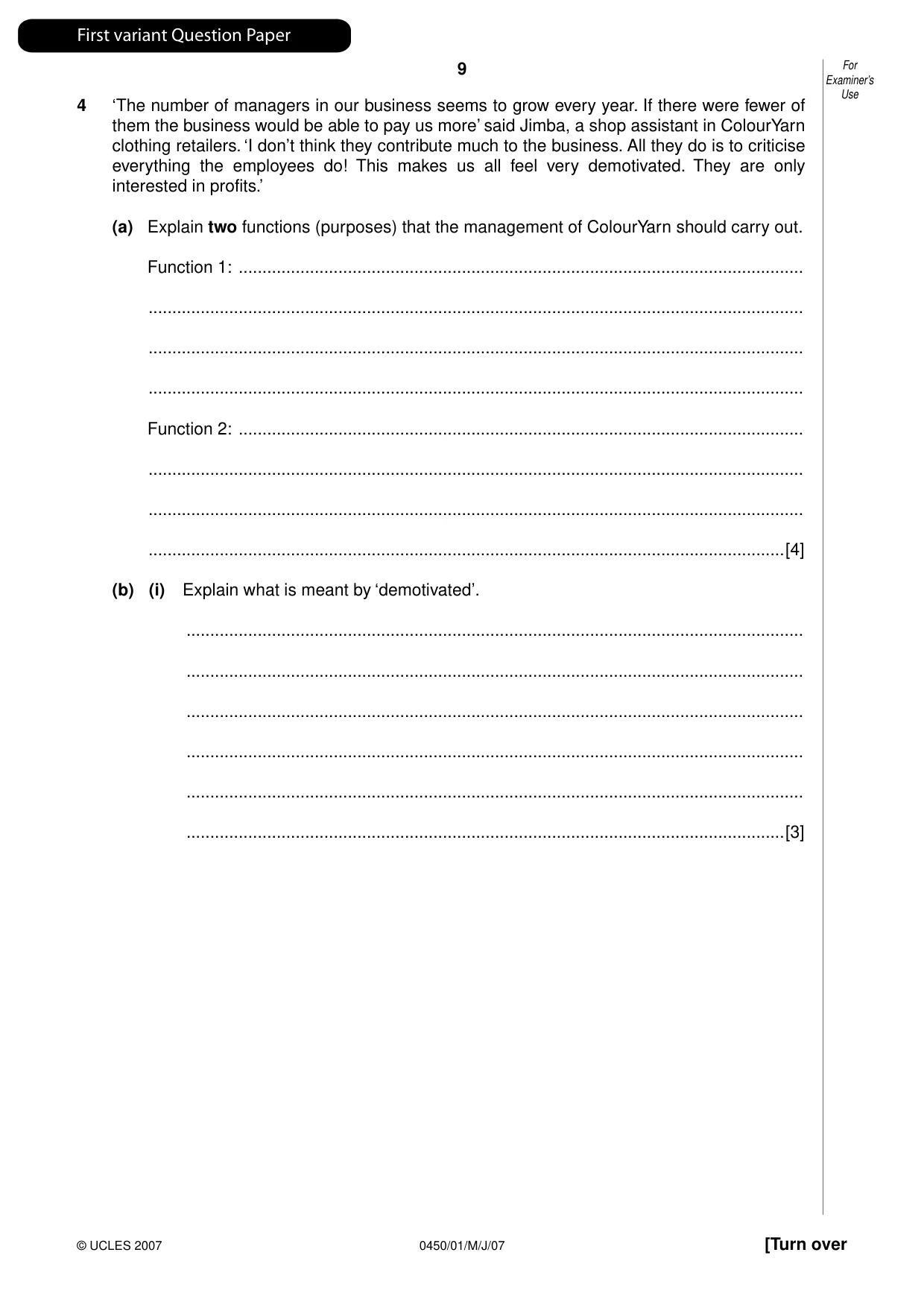 Cambridge IGCSE Business Studies 0450 2007 May/June Paper 1 · Variant 1 question paper, page 10 of 33