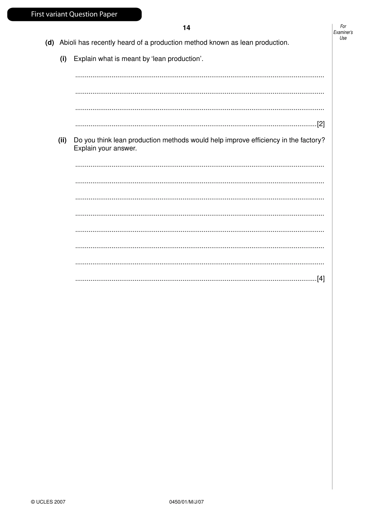 Cambridge IGCSE Business Studies 0450 2007 May/June Paper 1 · Variant 1 question paper, page 15 of 33
