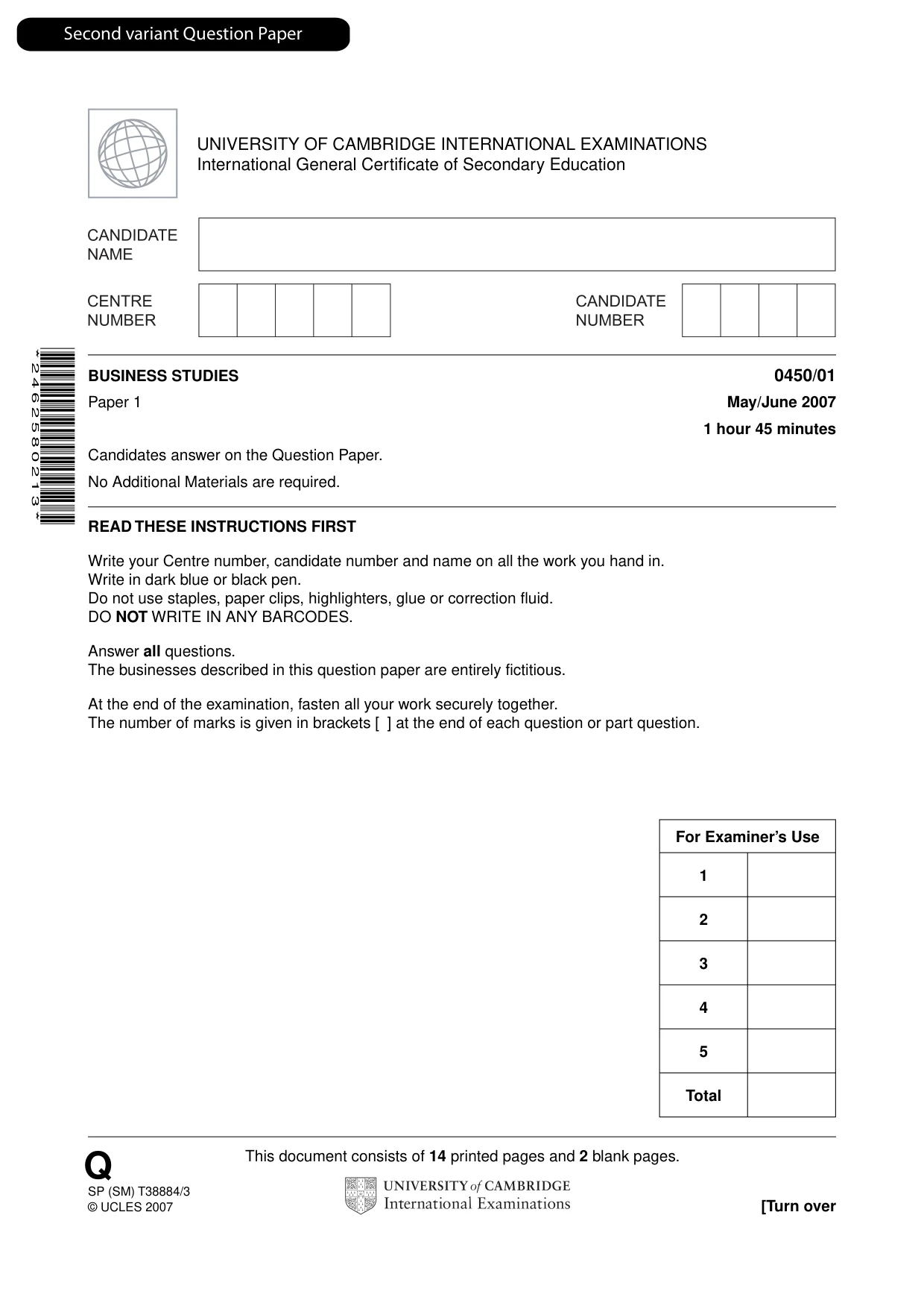 Cambridge IGCSE Business Studies 0450 2007 May/June Paper 1 · Variant 1 question paper, page 18 of 33