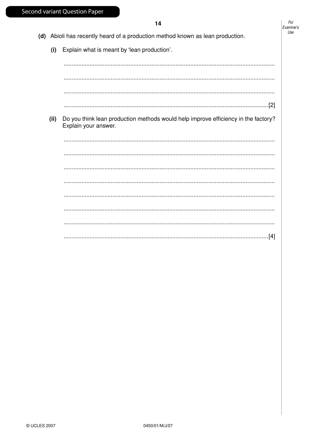 Cambridge IGCSE Business Studies 0450 2007 May/June Paper 1 · Variant 1 question paper, page 31 of 33