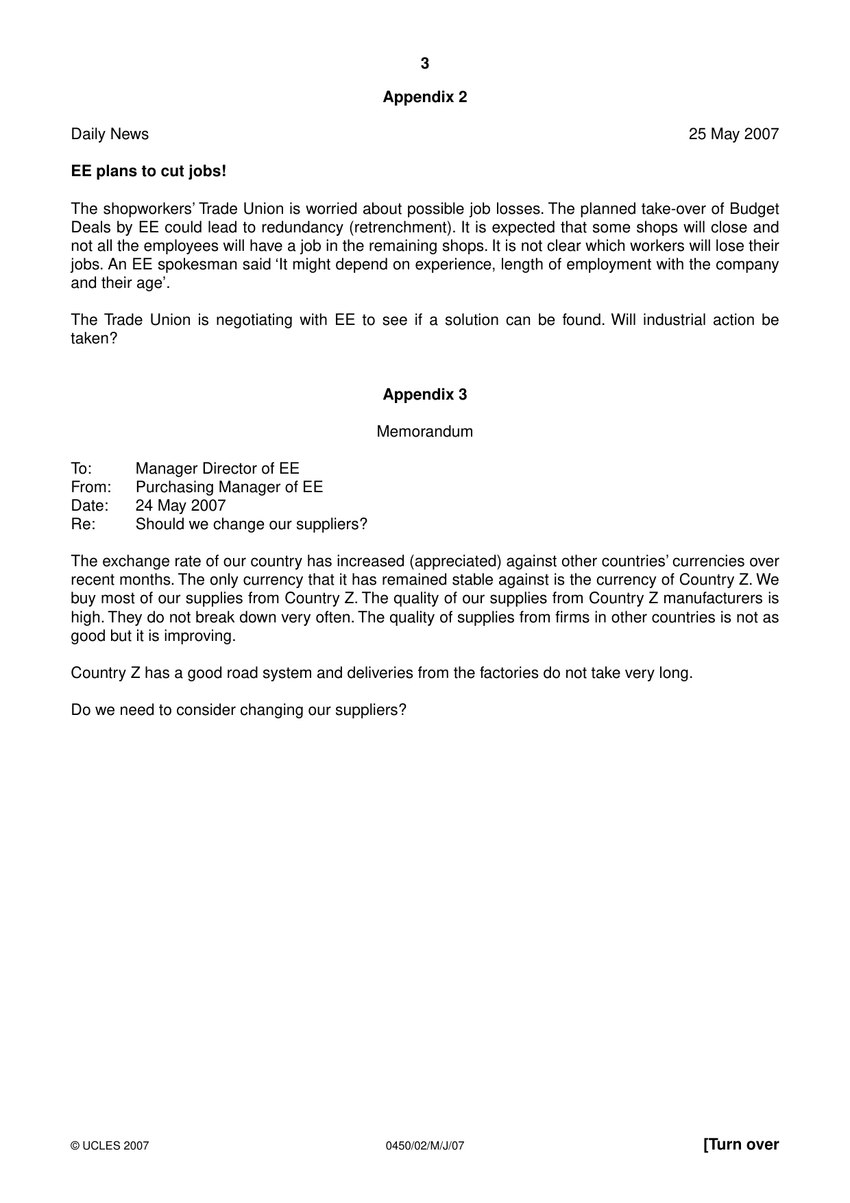Cambridge IGCSE Business Studies 0450 2007 May/June Paper 2 · Variant 1 question paper, page 3 of 16
