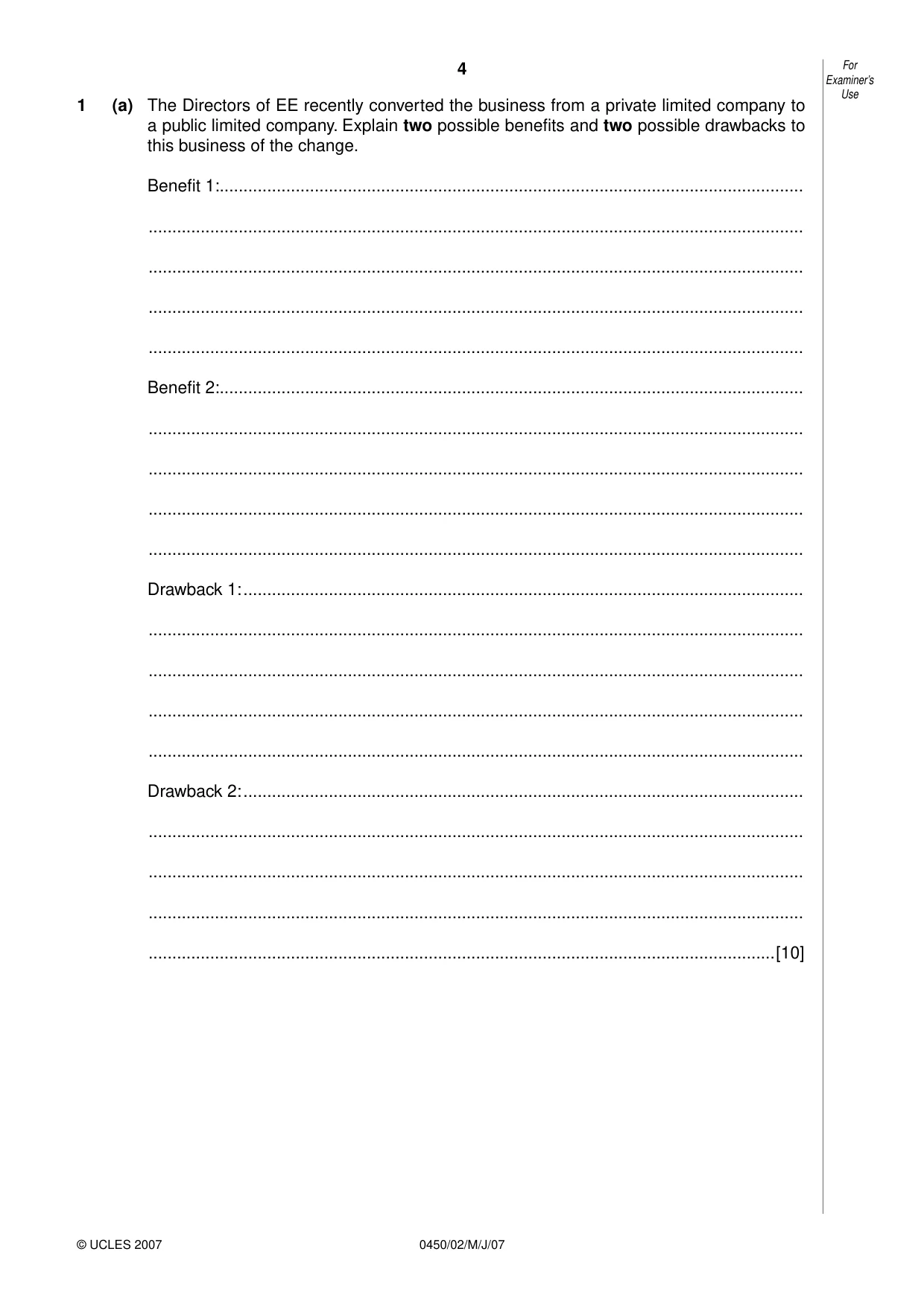 Cambridge IGCSE Business Studies 0450 2007 May/June Paper 2 · Variant 1 question paper, page 4 of 16