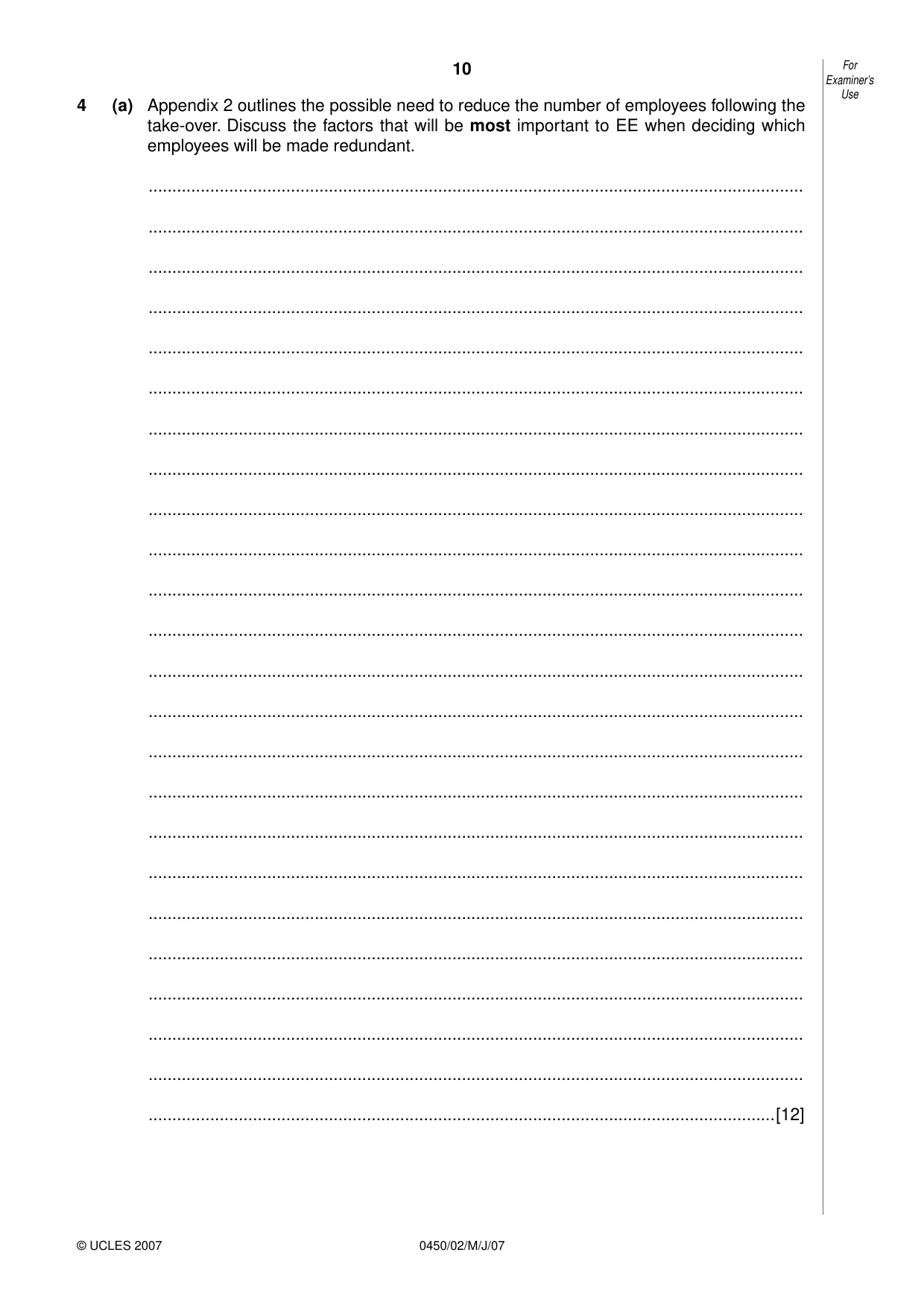Cambridge IGCSE Business Studies 0450 2007 May/June Paper 2 · Variant 1 question paper, page 10 of 16