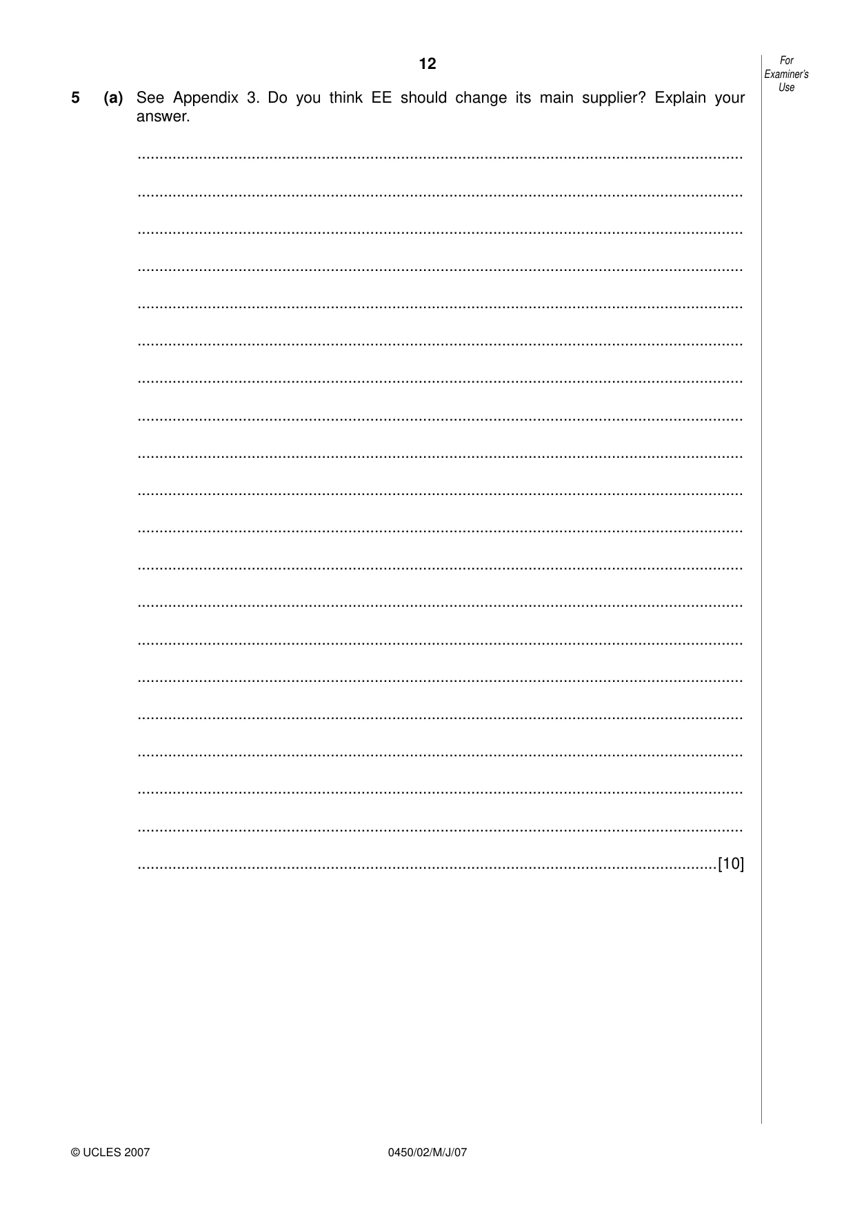 Cambridge IGCSE Business Studies 0450 2007 May/June Paper 2 · Variant 1 question paper, page 12 of 16