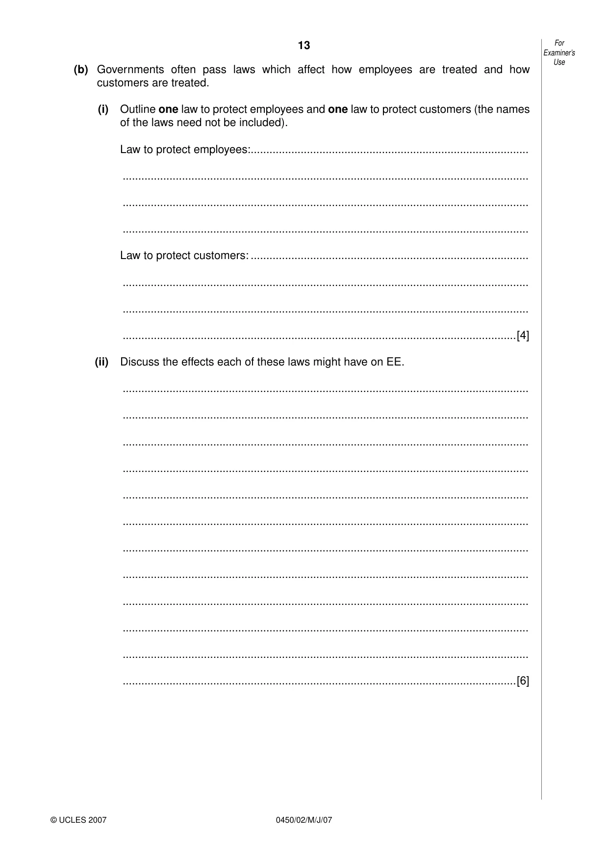 Cambridge IGCSE Business Studies 0450 2007 May/June Paper 2 · Variant 1 question paper, page 13 of 16