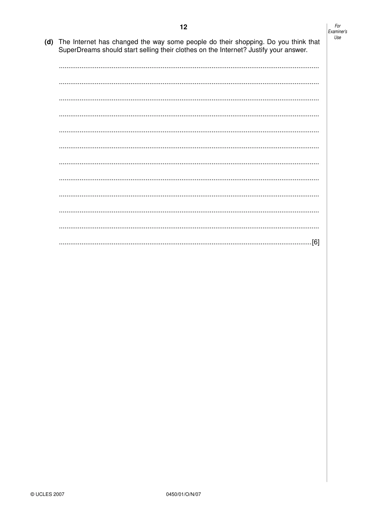 Cambridge IGCSE Business Studies 0450 2007 Oct/Nov Paper 1 · Variant 1 question paper, page 12 of 16