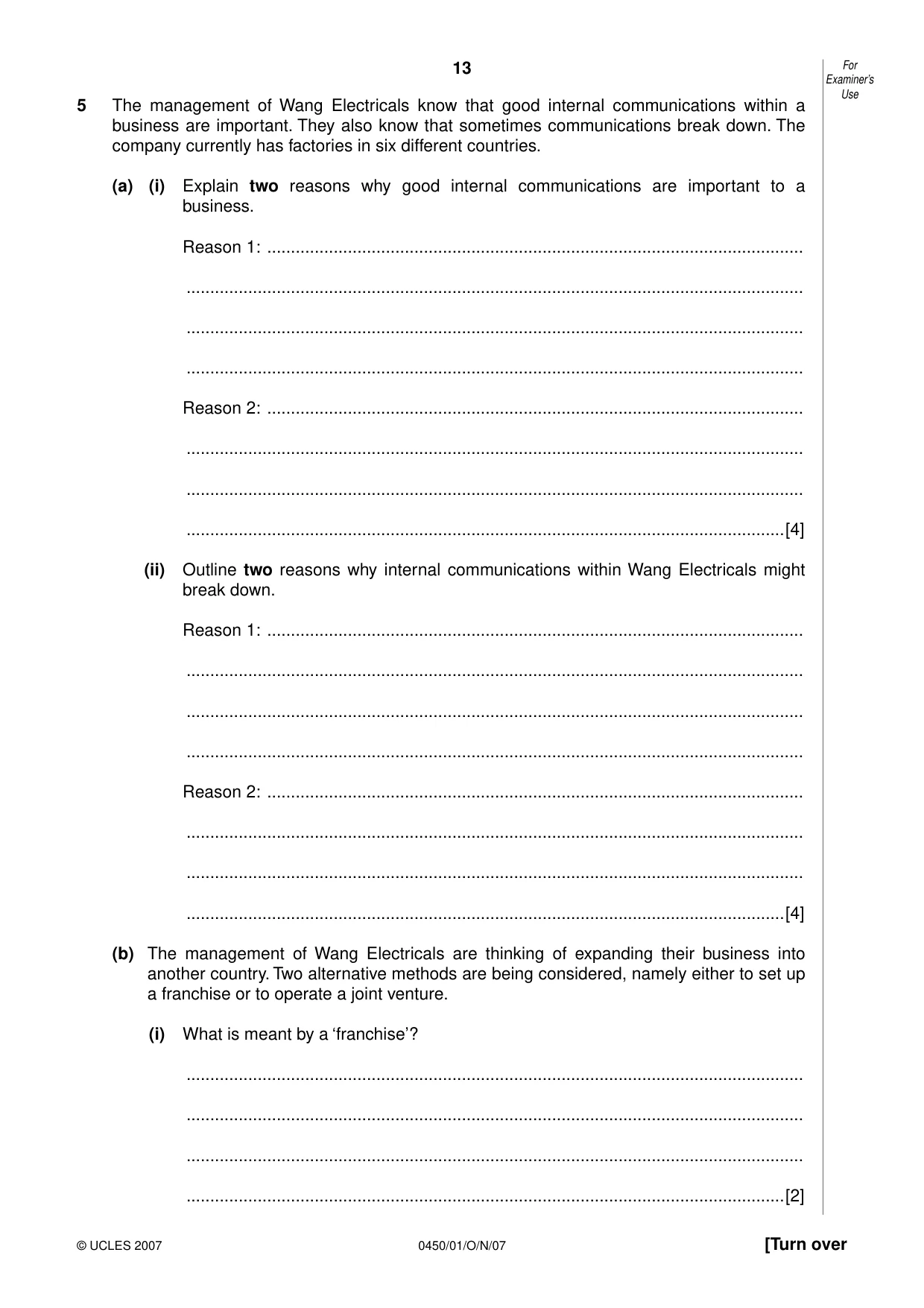 Cambridge IGCSE Business Studies 0450 2007 Oct/Nov Paper 1 · Variant 1 question paper, page 13 of 16