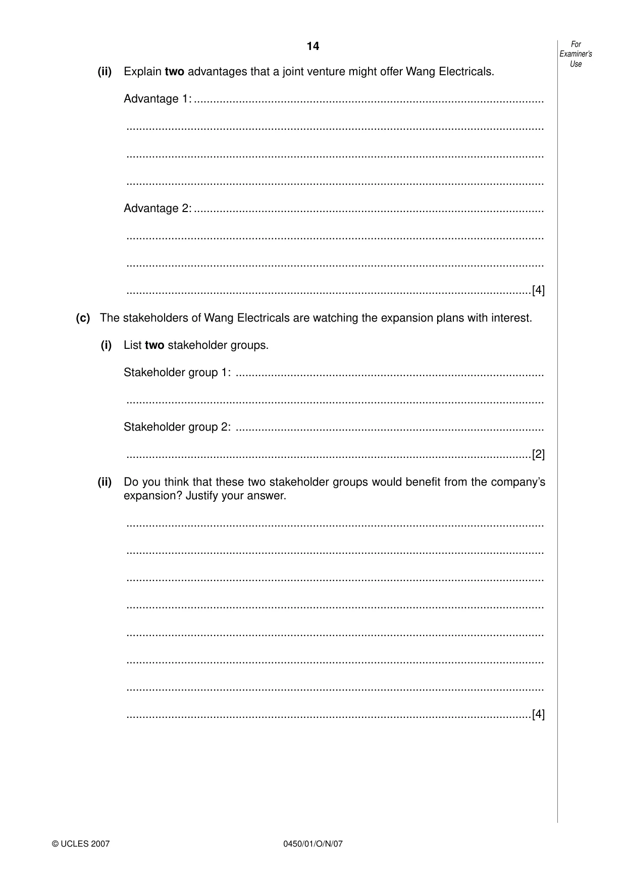 Cambridge IGCSE Business Studies 0450 2007 Oct/Nov Paper 1 · Variant 1 question paper, page 14 of 16