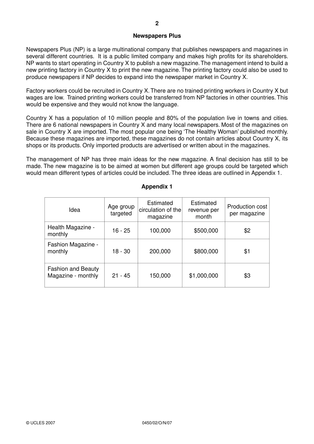 Cambridge IGCSE Business Studies 0450 2007 Oct/Nov Paper 2 · Variant 1 question paper, page 2 of 16