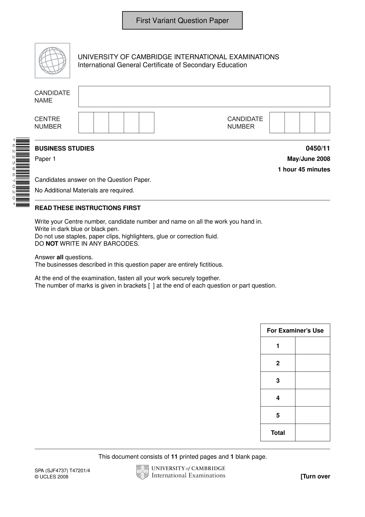 Cambridge IGCSE Business Studies 0450 2008 May/June Paper 1 · Variant 1 question paper, page 2 of 25