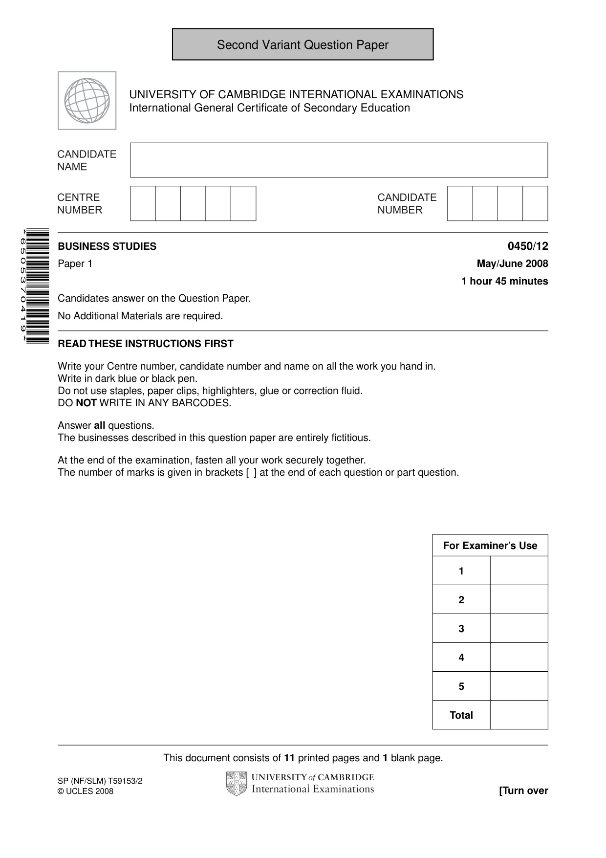 Cambridge IGCSE Business Studies 0450 2008 May/June Paper 1 · Variant 1 question paper, page 14 of 25