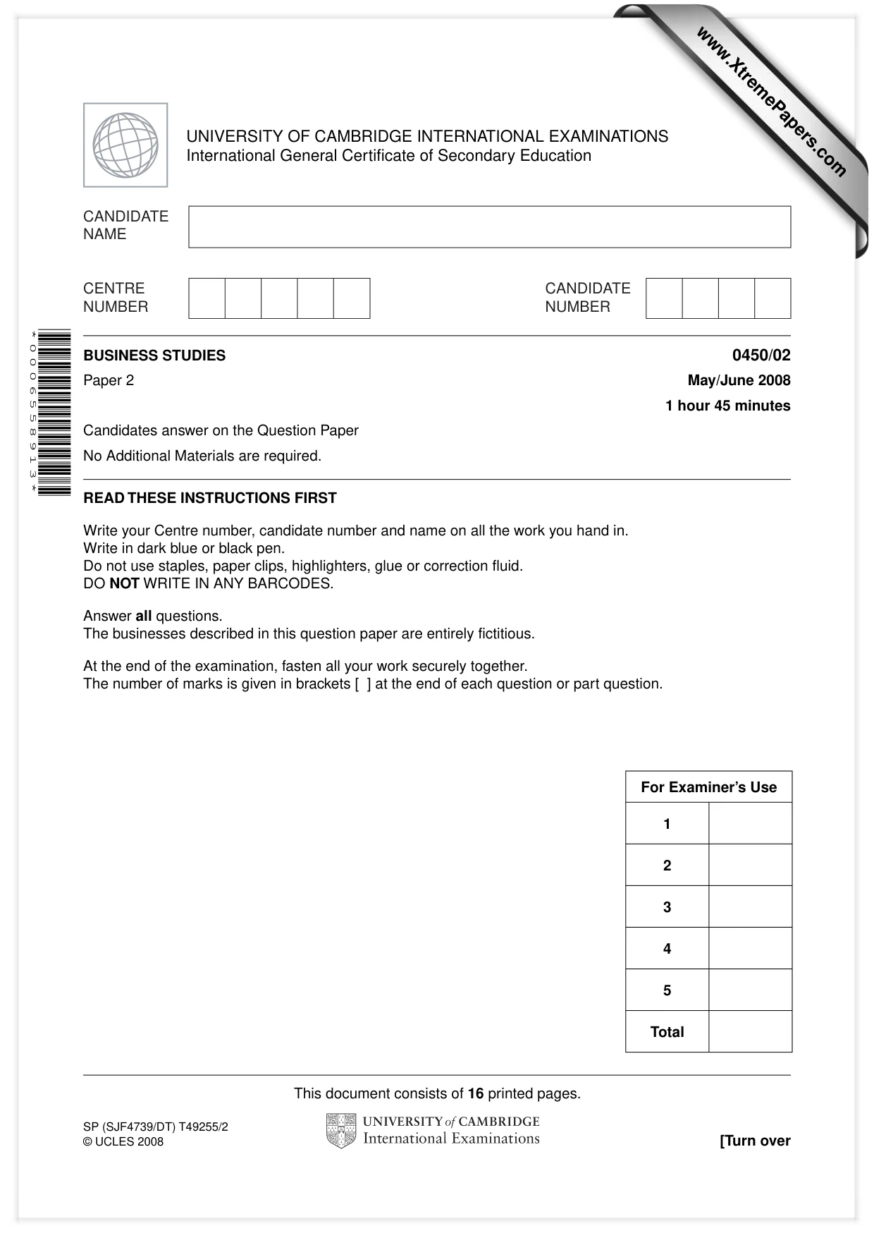 Cambridge IGCSE Business Studies 0450 2008 May/June Paper 2 · Variant 1 question paper, page 1 of 16