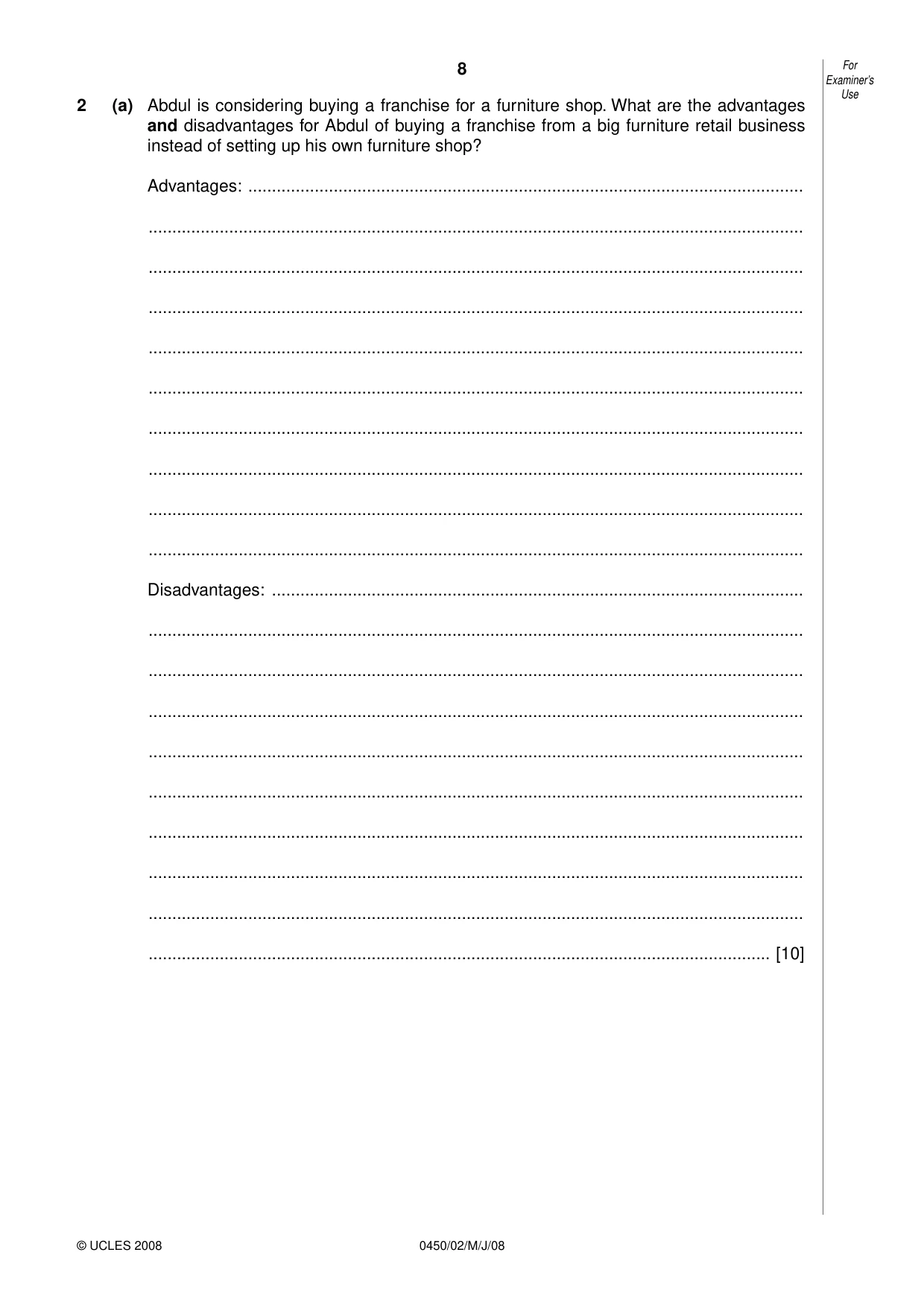 Cambridge IGCSE Business Studies 0450 2008 May/June Paper 2 · Variant 1 question paper, page 8 of 16