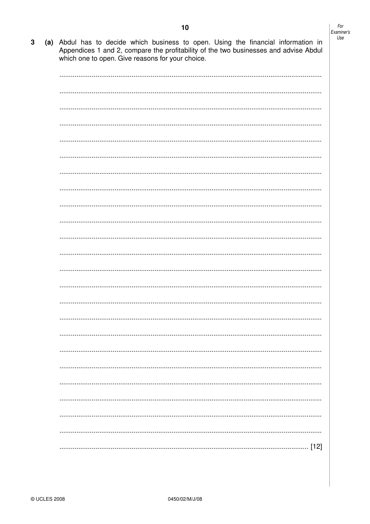 Cambridge IGCSE Business Studies 0450 2008 May/June Paper 2 · Variant 1 question paper, page 10 of 16