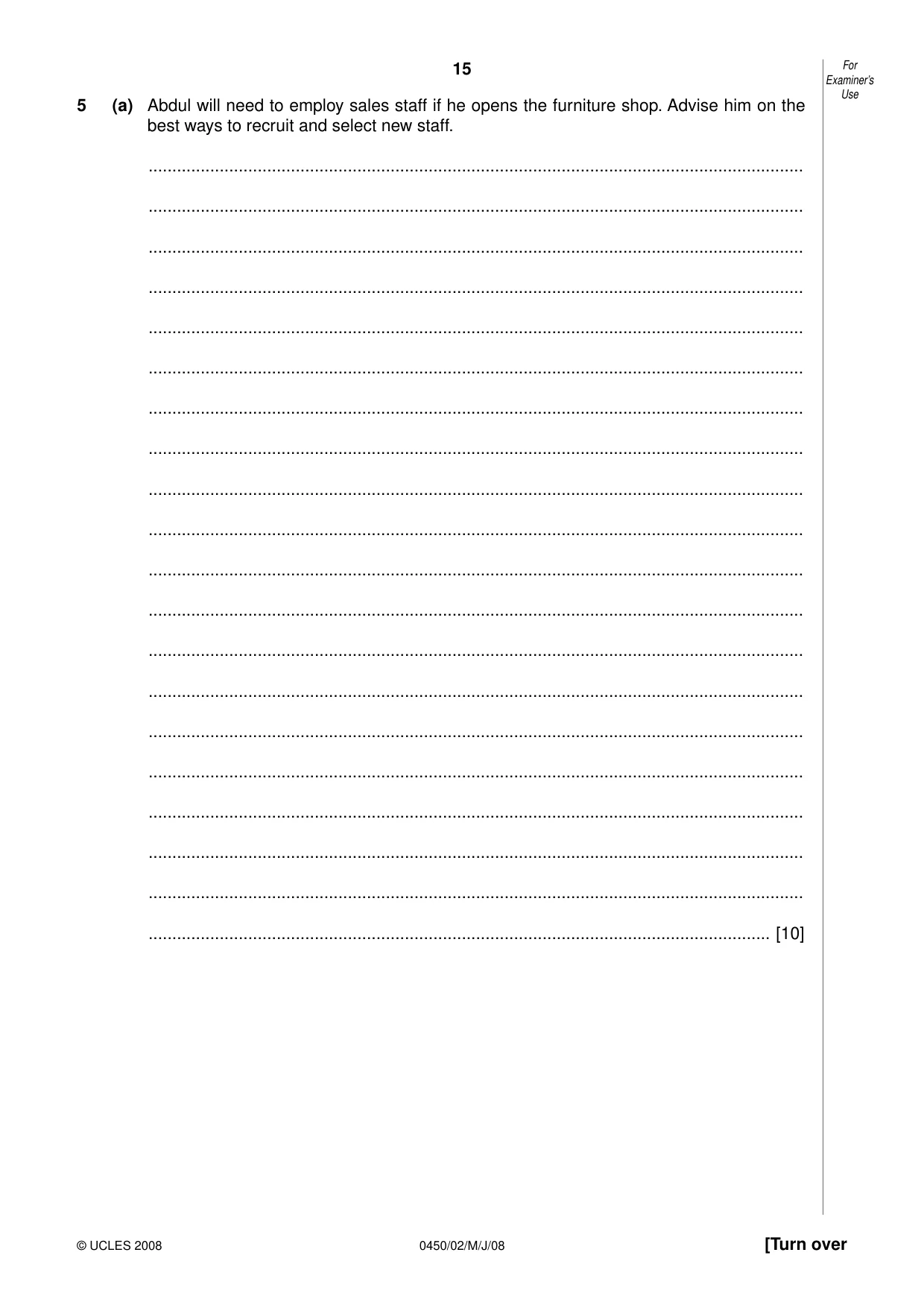 Cambridge IGCSE Business Studies 0450 2008 May/June Paper 2 · Variant 1 question paper, page 15 of 16