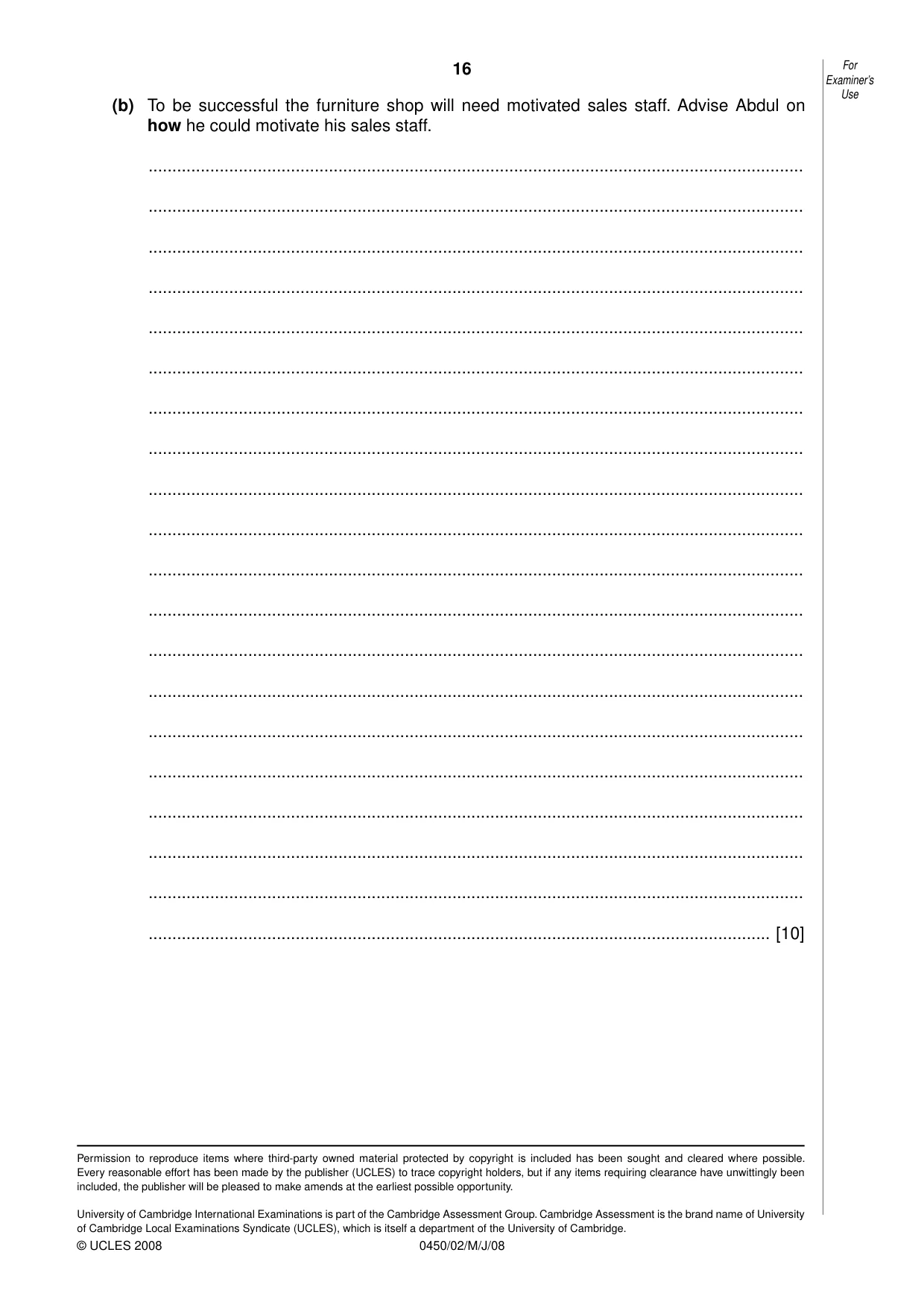 Cambridge IGCSE Business Studies 0450 2008 May/June Paper 2 · Variant 1 question paper, page 16 of 16