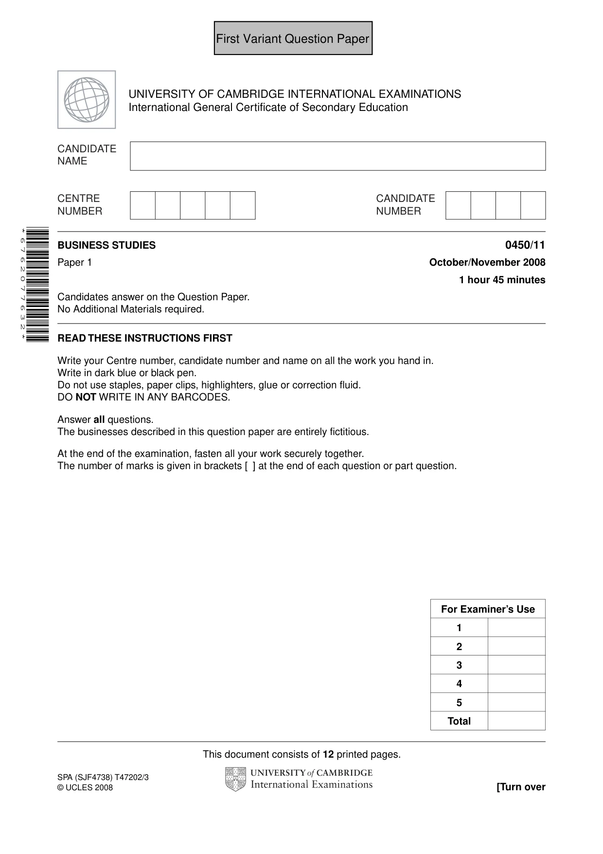 Cambridge IGCSE Business Studies 0450 2008 Oct/Nov Paper 1 · Variant 0 question paper, page 2 of 25