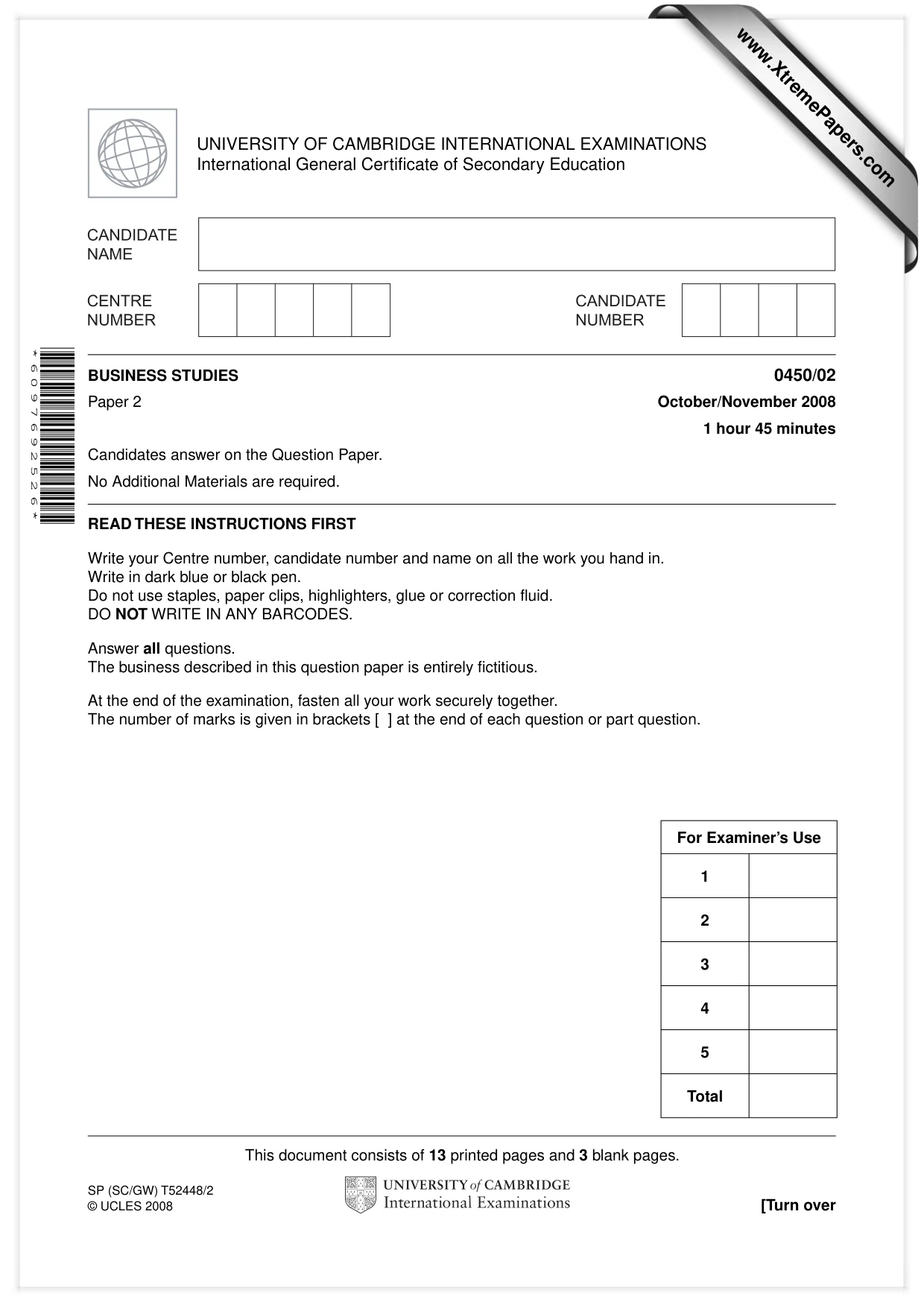 Cambridge IGCSE Business Studies 0450 2008 Oct/Nov Paper 2 · Variant 1 question paper, page 1 of 16