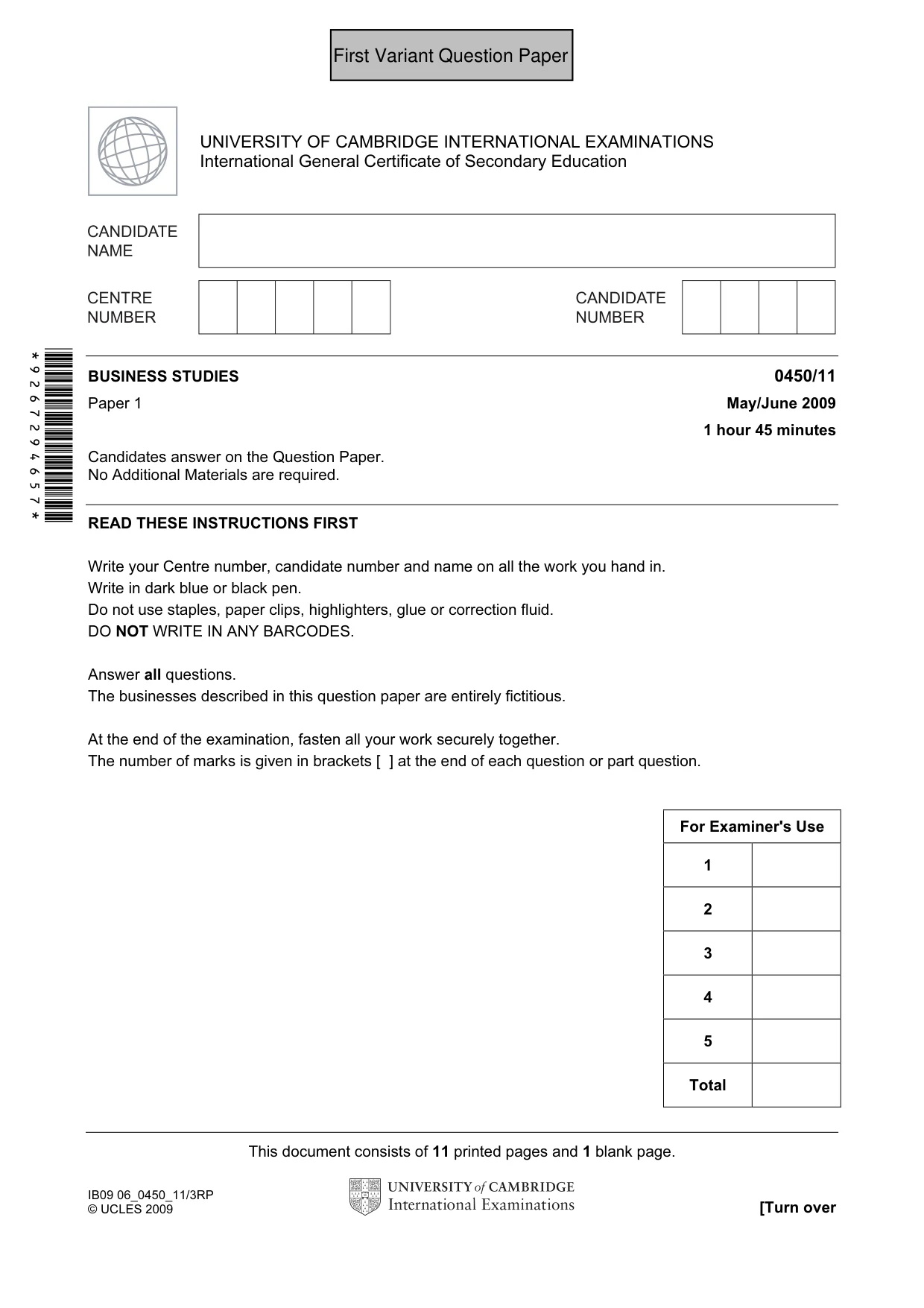 Cambridge IGCSE Business Studies 0450 2009 May/June Paper 1 · Variant 1 question paper, page 2 of 25