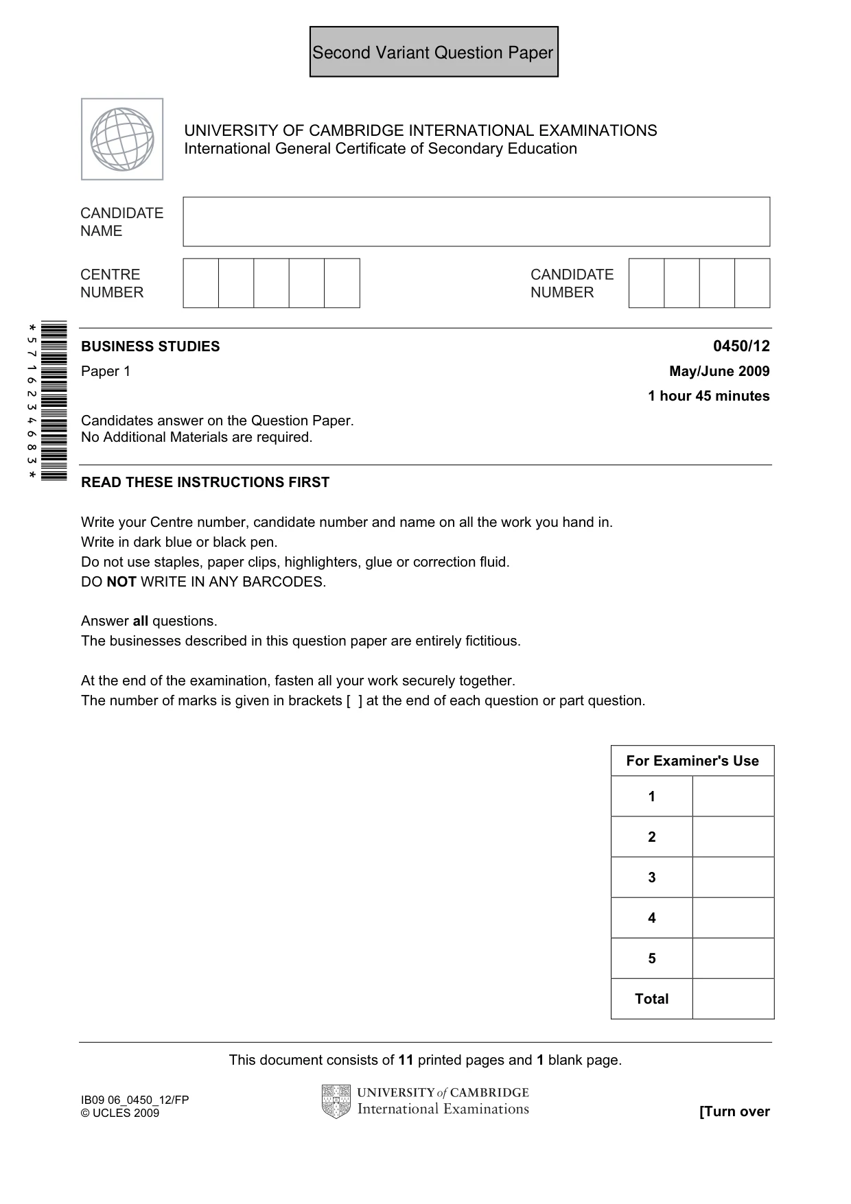 Cambridge IGCSE Business Studies 0450 2009 May/June Paper 1 · Variant 1 question paper, page 14 of 25