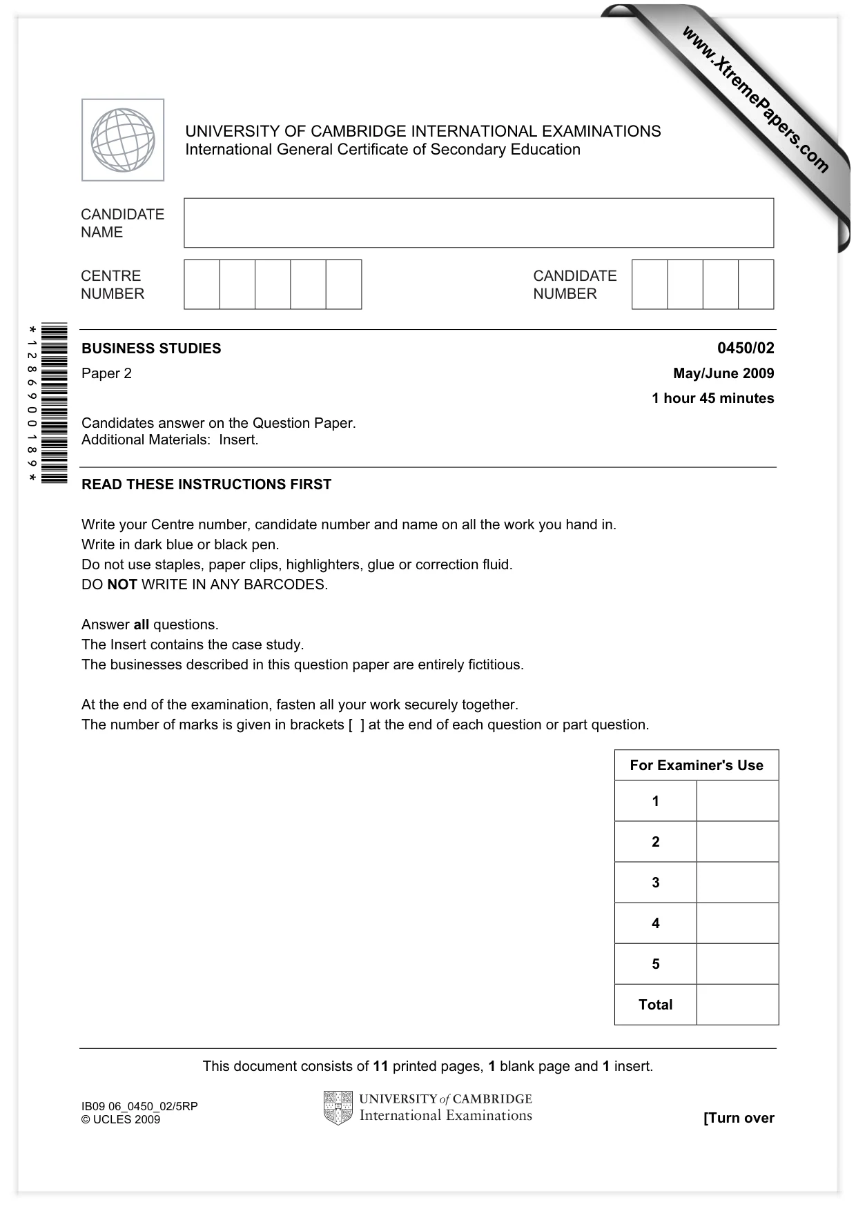 Cambridge IGCSE Business Studies 0450 2009 May/June Paper 2 · Variant 1 question paper, page 1 of 12