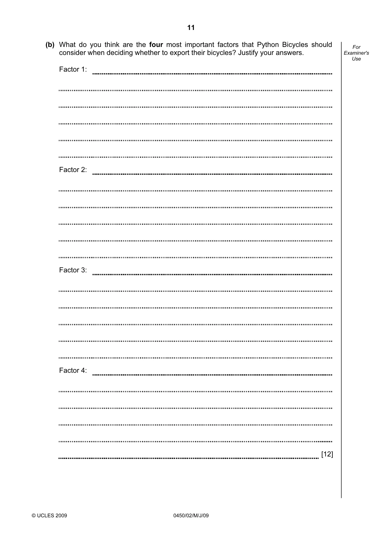Cambridge IGCSE Business Studies 0450 2009 May/June Paper 2 · Variant 1 question paper, page 11 of 12