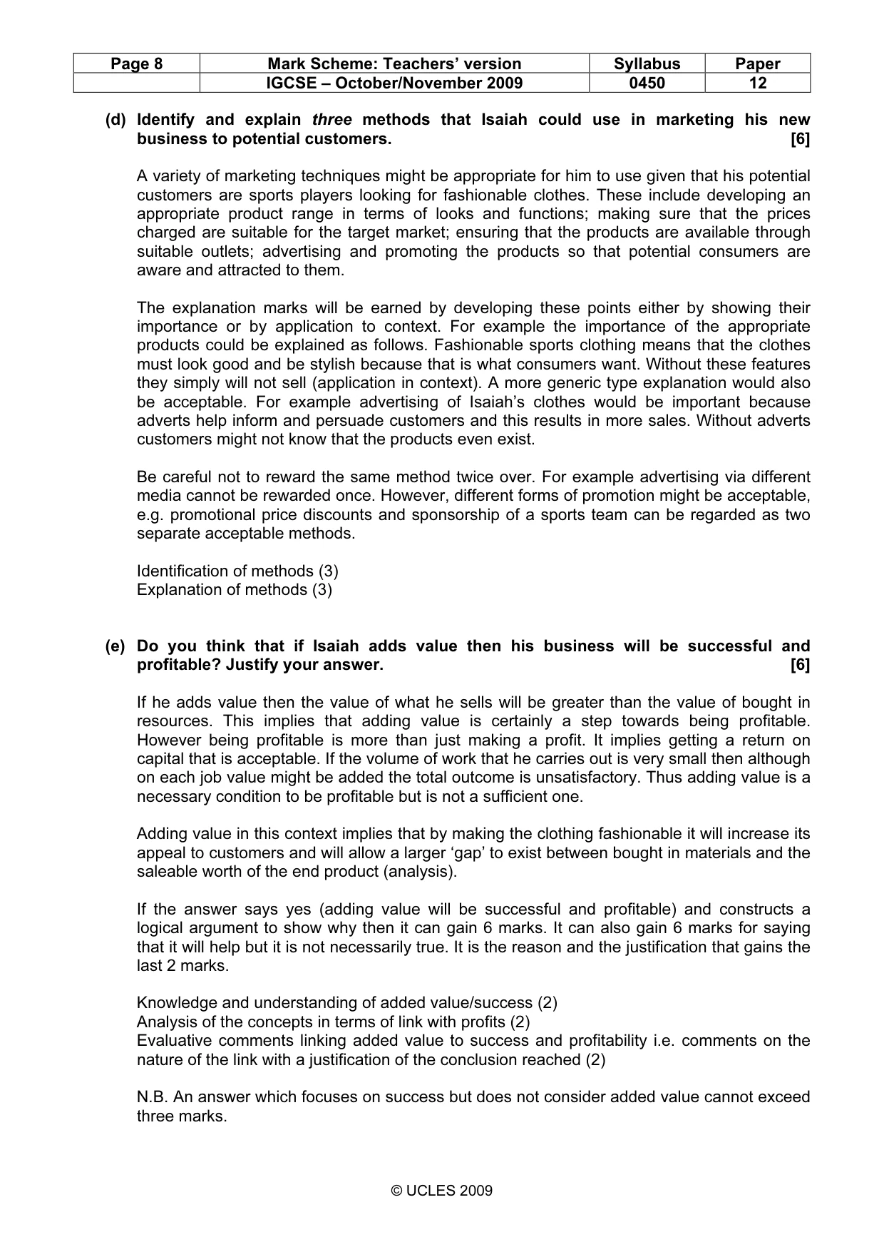 Mark scheme, page 8 of 10