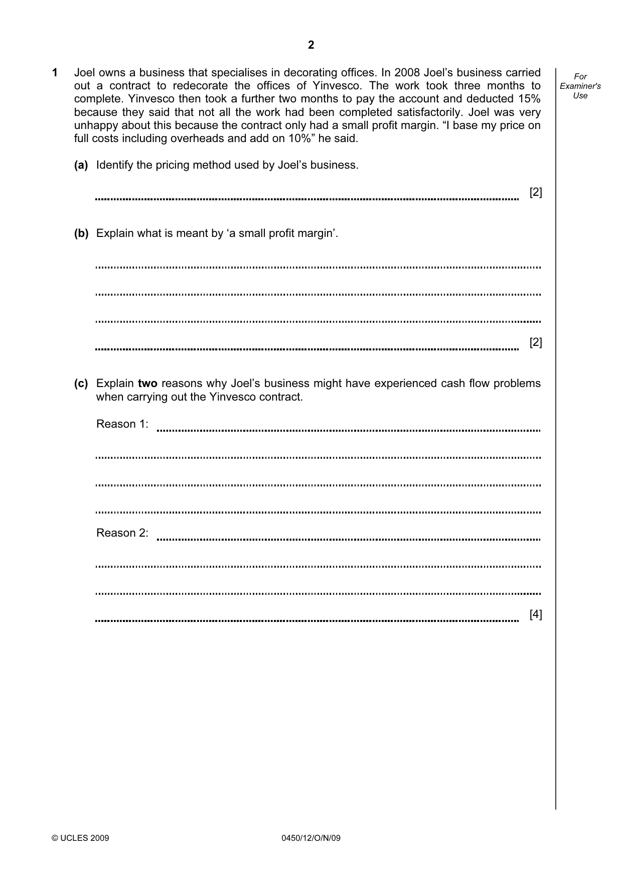 Cambridge IGCSE Business Studies 0450 2009 Oct/Nov Paper 1 · Variant 2 question paper, page 2 of 12