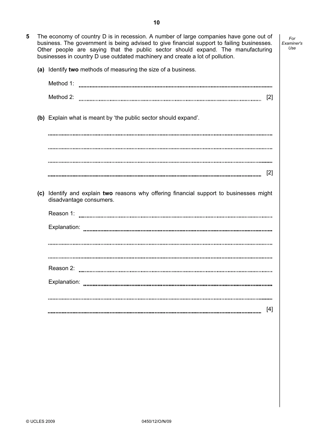 Cambridge IGCSE Business Studies 0450 2009 Oct/Nov Paper 1 · Variant 2 question paper, page 10 of 12