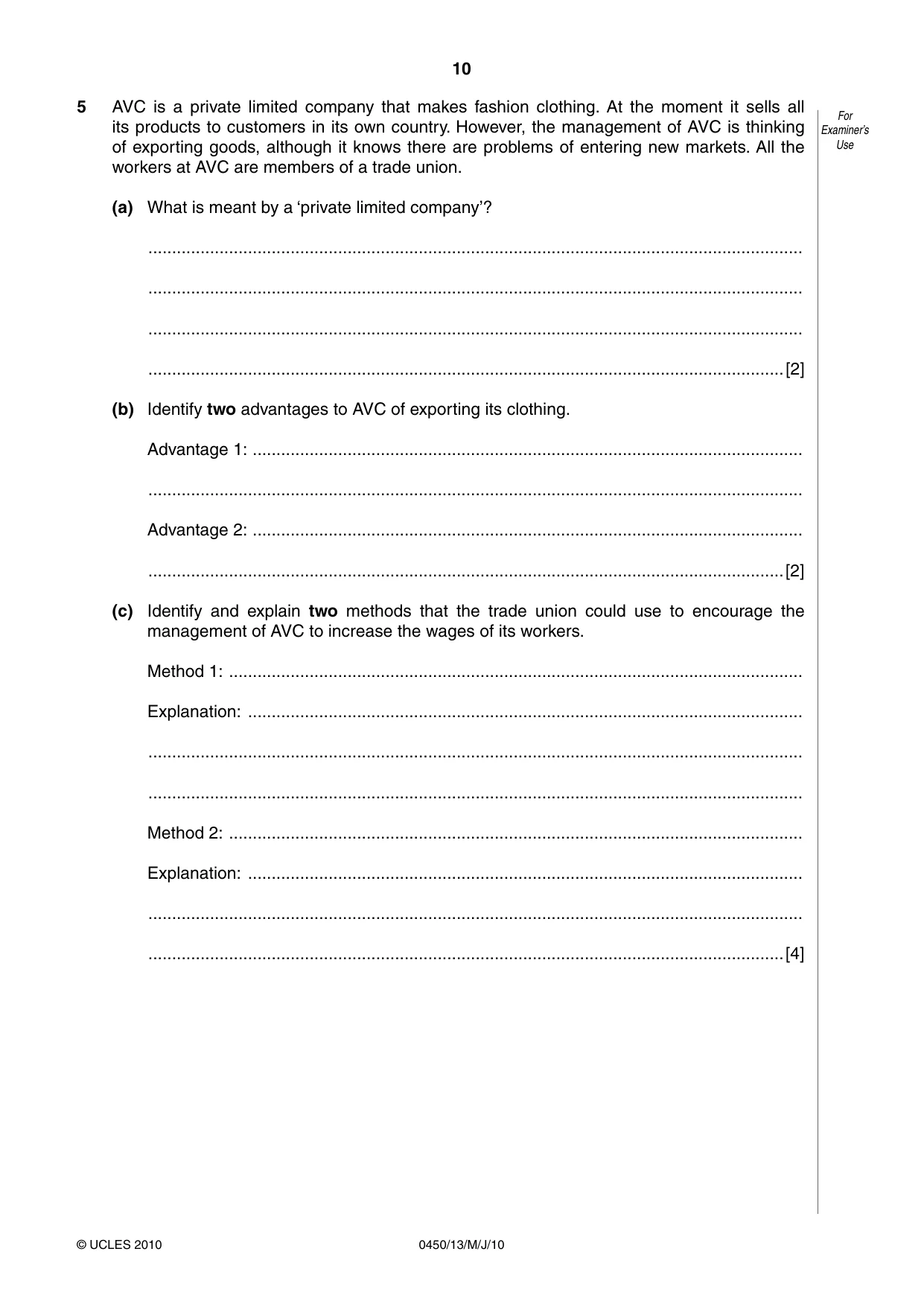 Cambridge IGCSE Business Studies 0450 2010 May/June Paper 1 · Variant 3 question paper, page 10 of 12