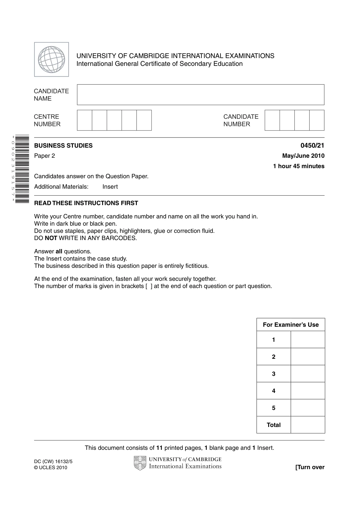 Cambridge IGCSE Business Studies 0450 2010 May/June Paper 2 · Variant 1 question paper, page 1 of 12