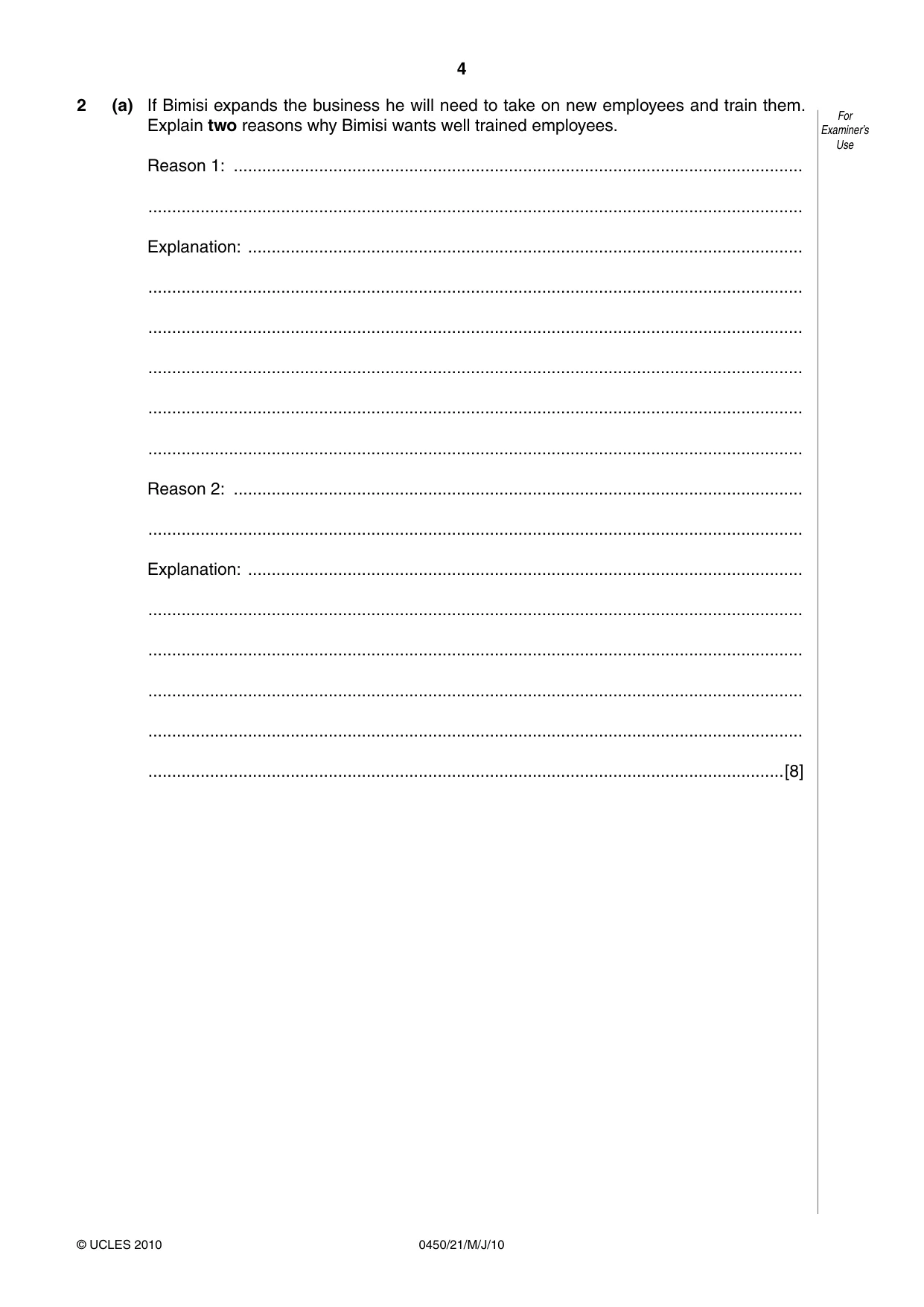 Cambridge IGCSE Business Studies 0450 2010 May/June Paper 2 · Variant 1 question paper, page 4 of 12