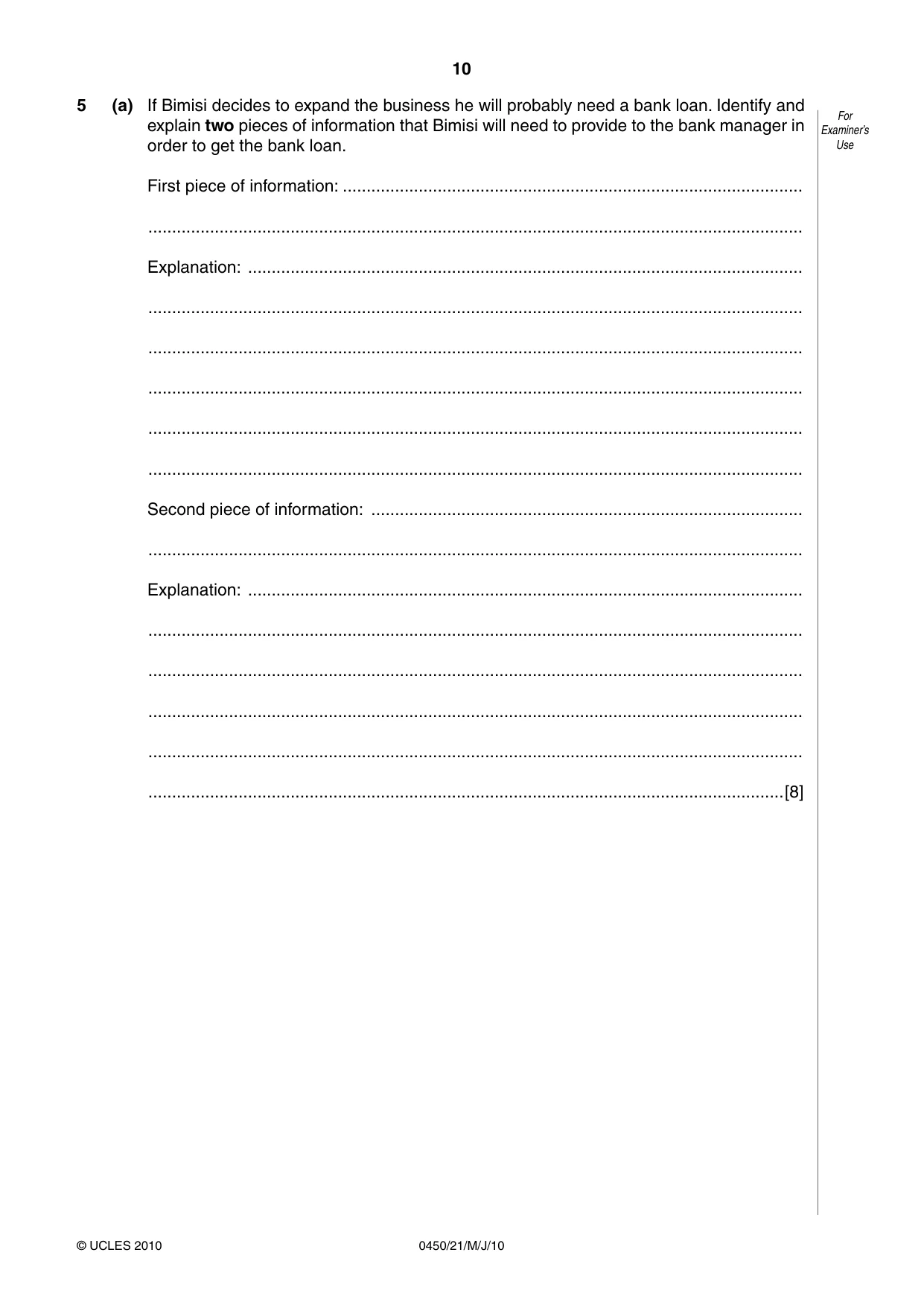 Cambridge IGCSE Business Studies 0450 2010 May/June Paper 2 · Variant 1 question paper, page 10 of 12