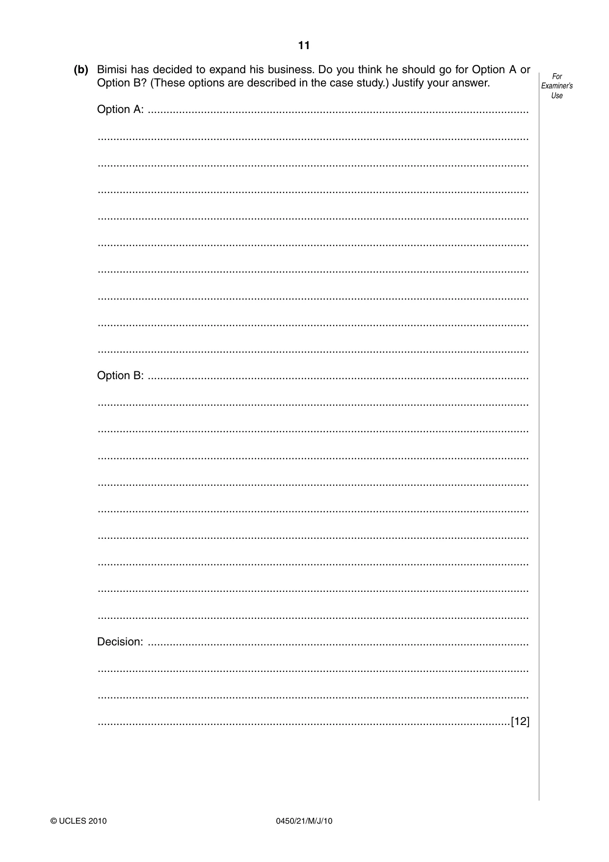 Cambridge IGCSE Business Studies 0450 2010 May/June Paper 2 · Variant 1 question paper, page 11 of 12