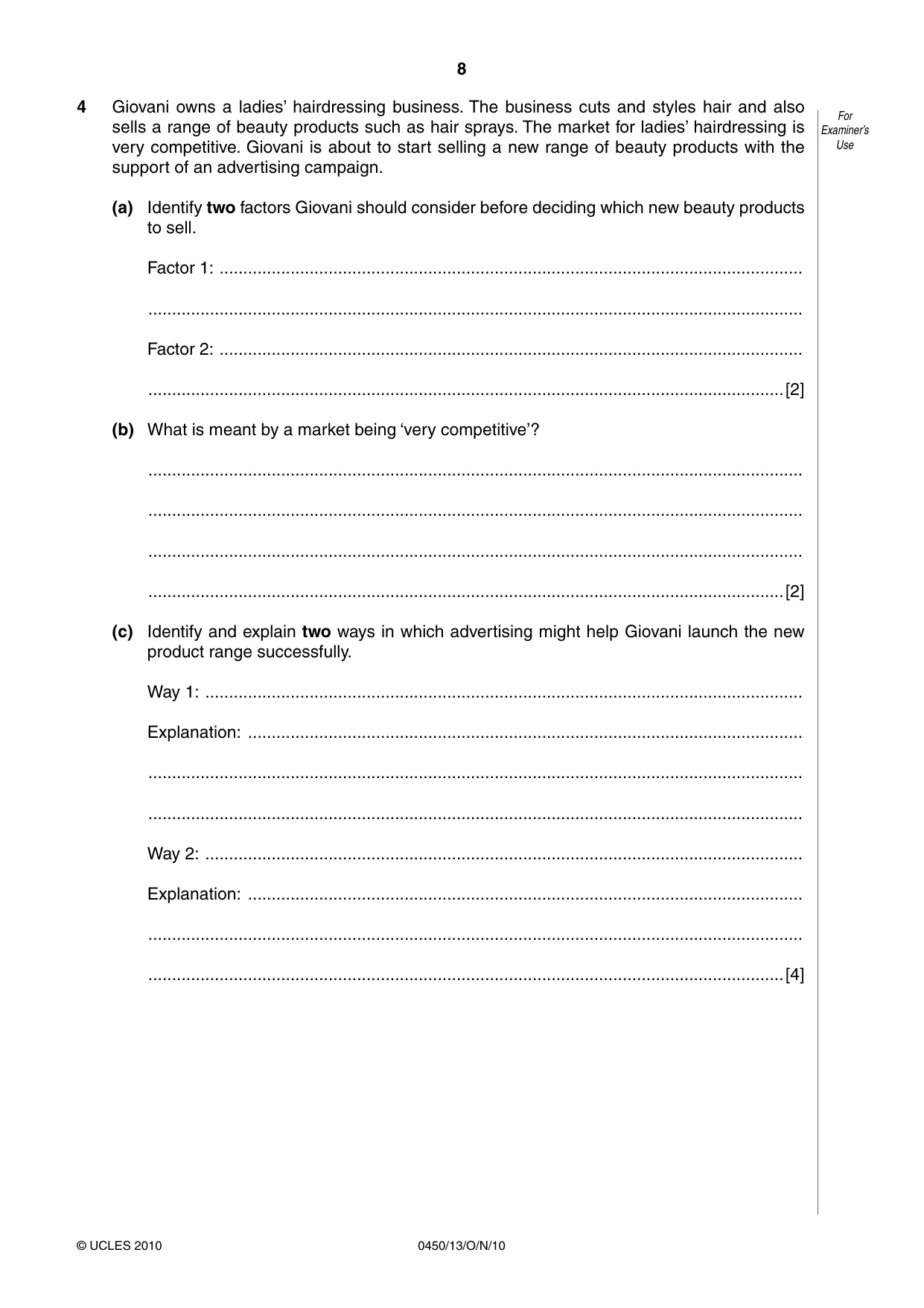 Cambridge IGCSE Business Studies 0450 2010 Oct/Nov Paper 1 · Variant 3 question paper, page 8 of 12