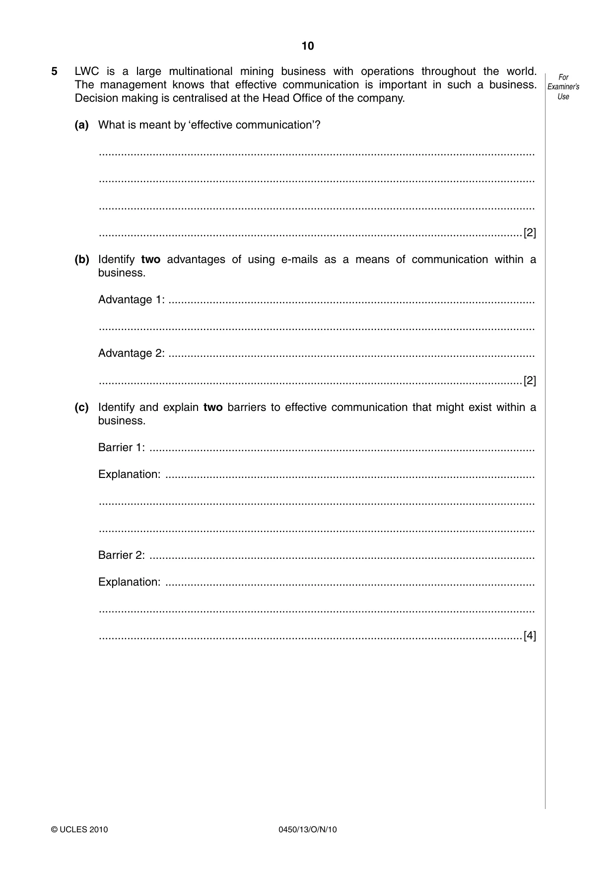 Cambridge IGCSE Business Studies 0450 2010 Oct/Nov Paper 1 · Variant 3 question paper, page 10 of 12