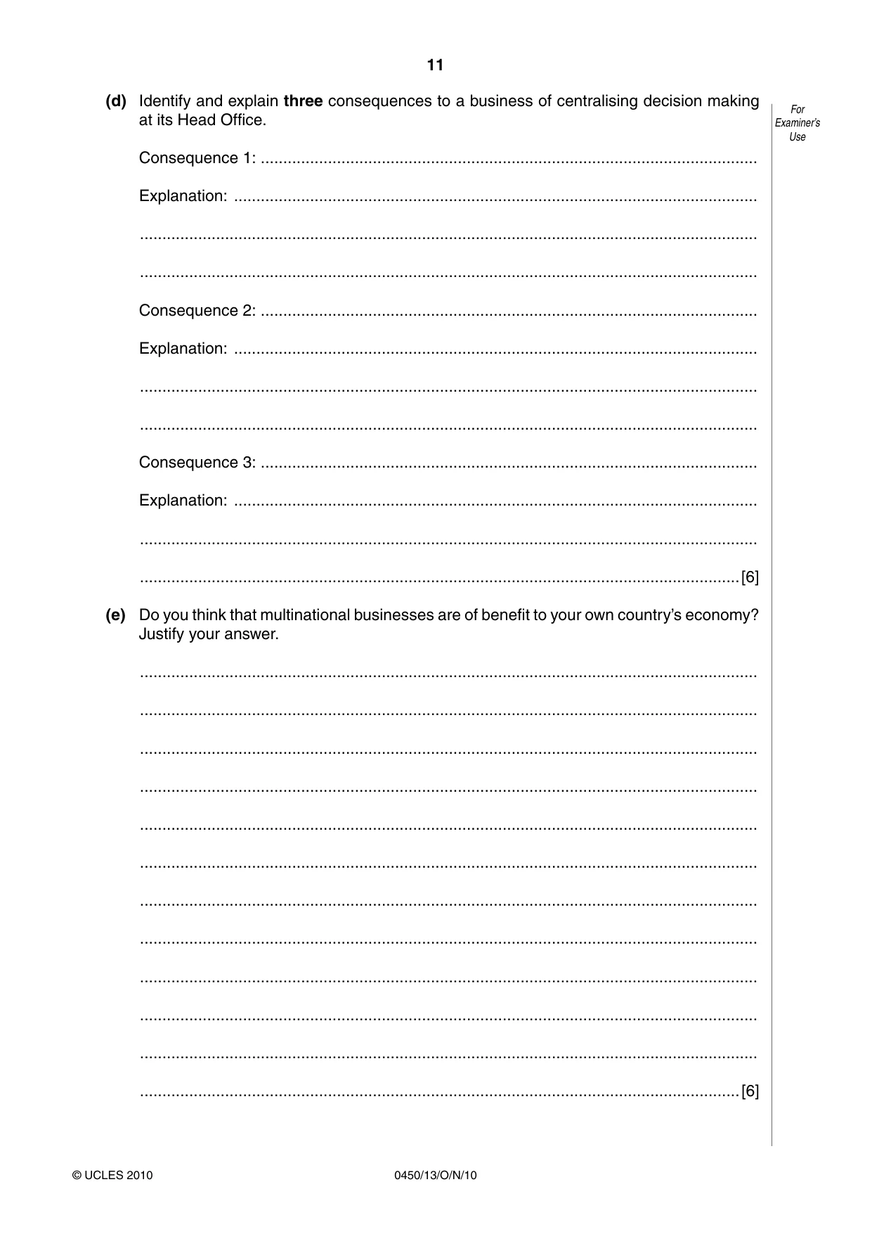 Cambridge IGCSE Business Studies 0450 2010 Oct/Nov Paper 1 · Variant 3 question paper, page 11 of 12