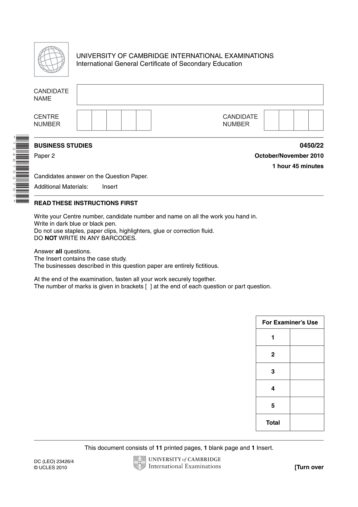 Cambridge IGCSE Business Studies 0450 2010 Oct/Nov Paper 2 · Variant 2 question paper, page 1 of 12