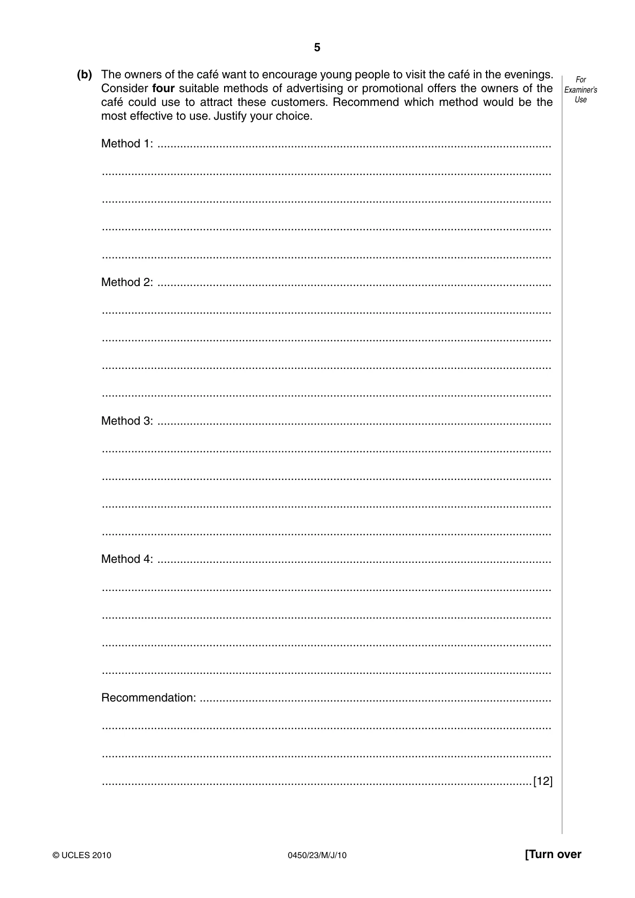 Cambridge IGCSE Business Studies 0450 2010 Oct/Nov Paper 2 · Variant 3 question paper, page 5 of 12