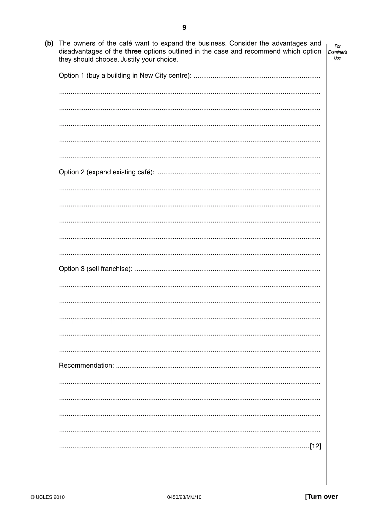 Cambridge IGCSE Business Studies 0450 2010 Oct/Nov Paper 2 · Variant 3 question paper, page 9 of 12