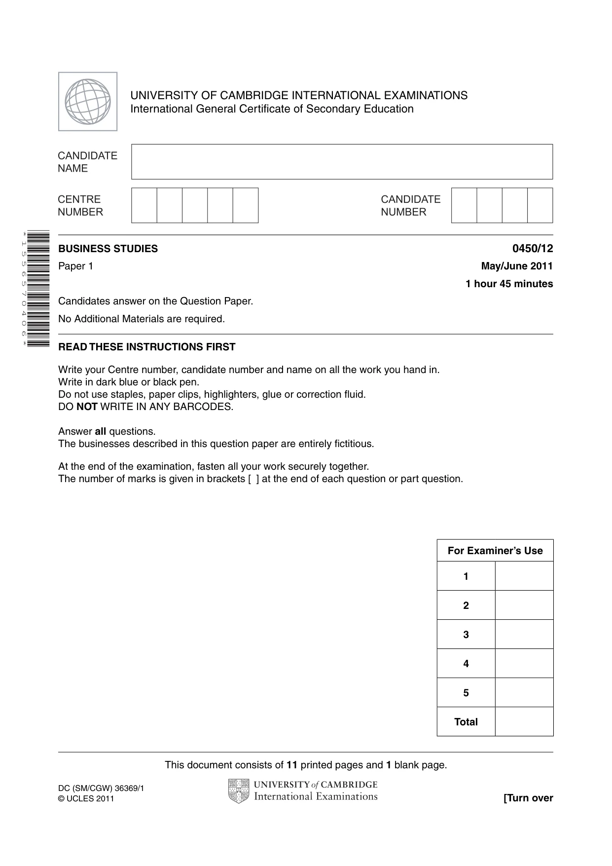 Cambridge IGCSE Business Studies 0450 2011 May/June Paper 1 · Variant 2 question paper, page 1 of 12
