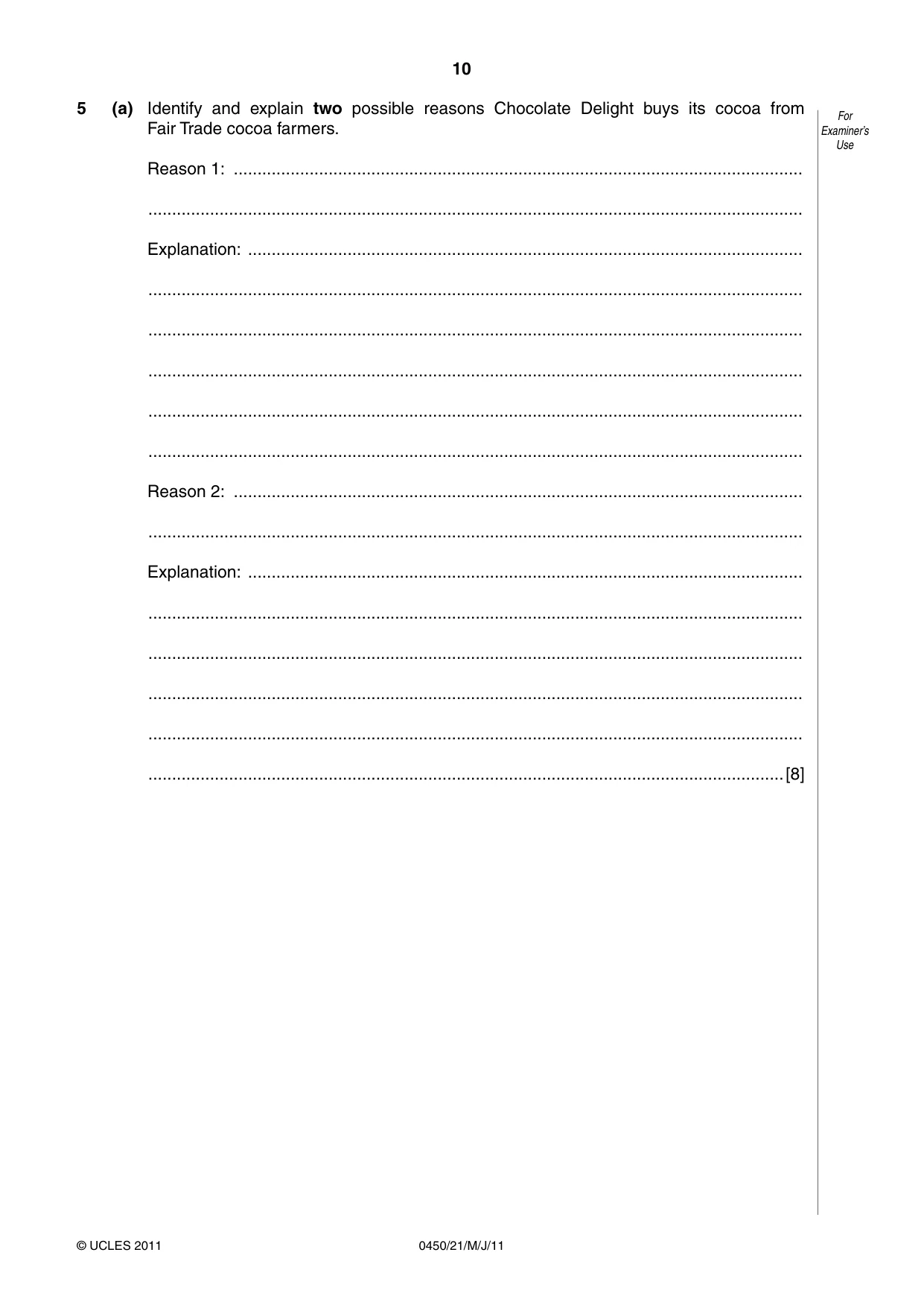 Cambridge IGCSE Business Studies 0450 2011 May/June Paper 2 · Variant 1 question paper, page 10 of 12