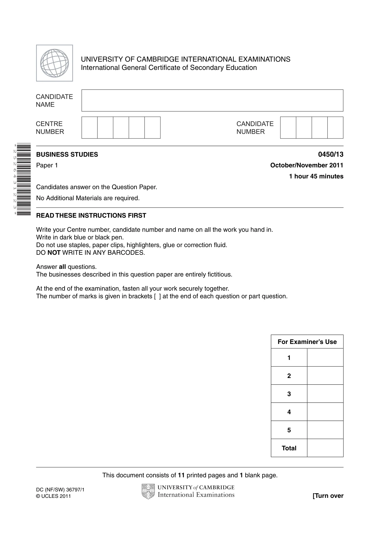 Cambridge IGCSE Business Studies 0450 2011 Oct/Nov Paper 1 · Variant 3 question paper, page 1 of 12