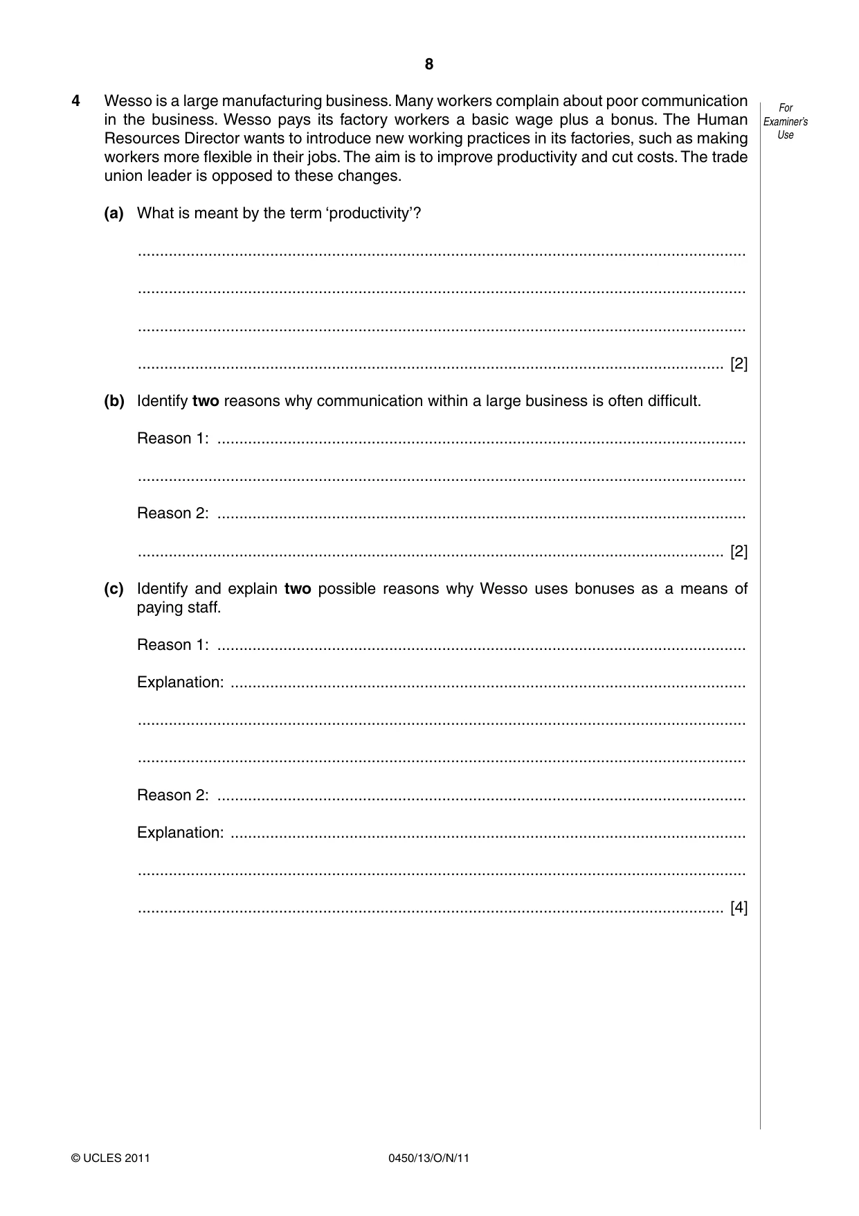 Cambridge IGCSE Business Studies 0450 2011 Oct/Nov Paper 1 · Variant 3 question paper, page 8 of 12